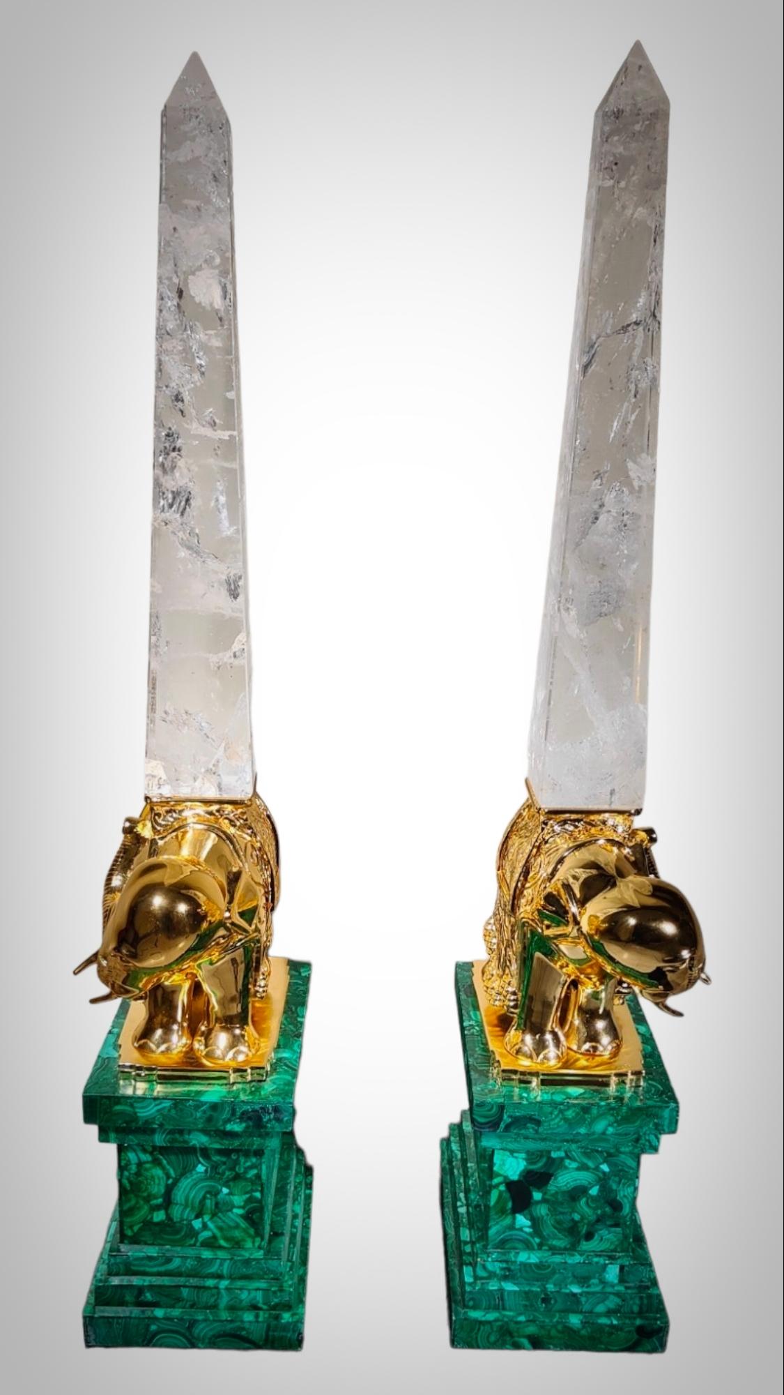 Monumental Malachite Obelisks In Malachite Quartz (Rock Crystal) And Gilt Bronze For Sale 3