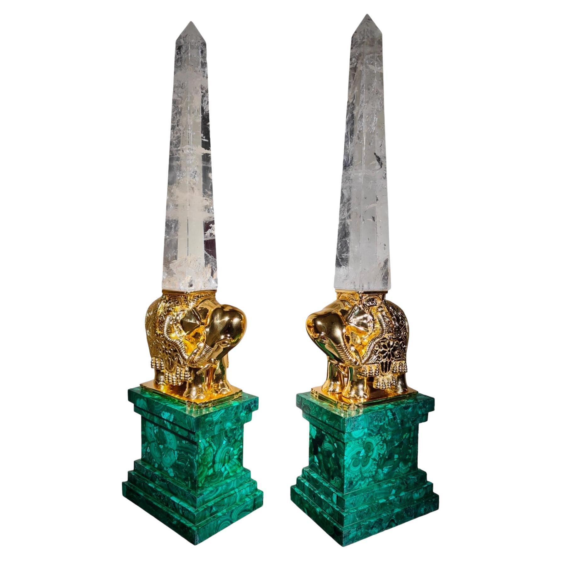 Monumental Malachite Obelisks In Malachite Quartz (Rock Crystal) And Gilt Bronze For Sale