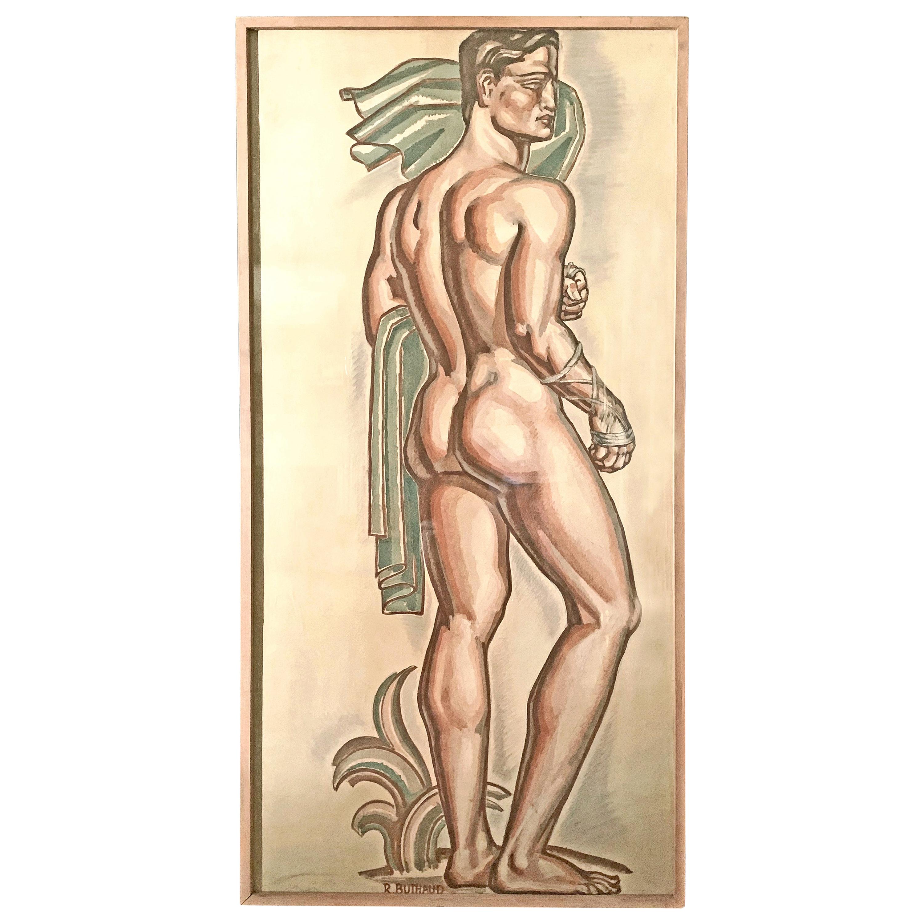 "Monumental Male Nude, " Important Study by Buthaud for Art Deco Urn for Stadium