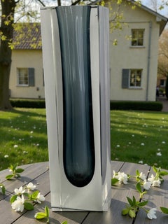 Monumental Mandruzzato Grey and Clear Murano Glass Sommerso Block Vase