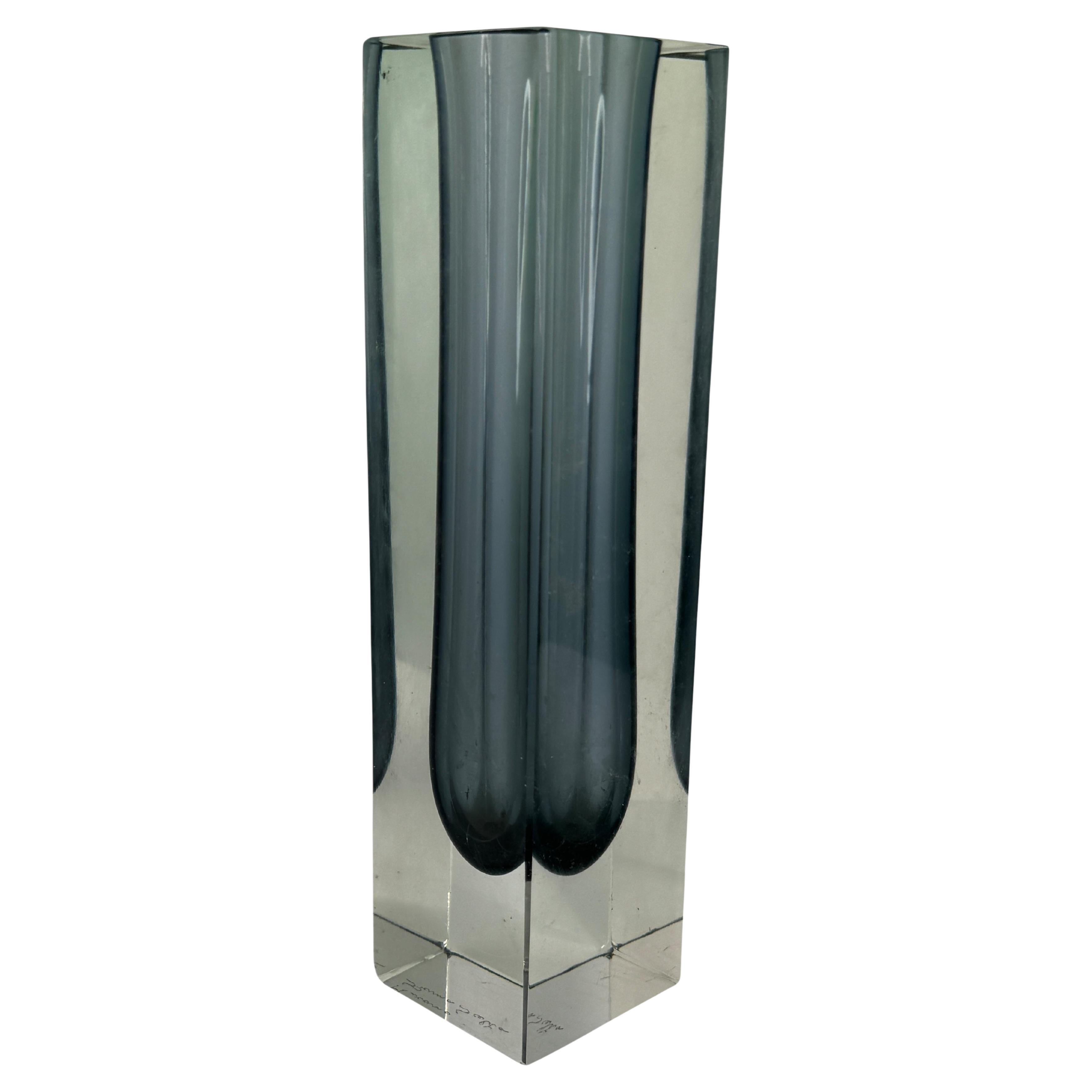 Monumental Mandruzzato Grey and Clear Murano Glass Sommerso Block Vase