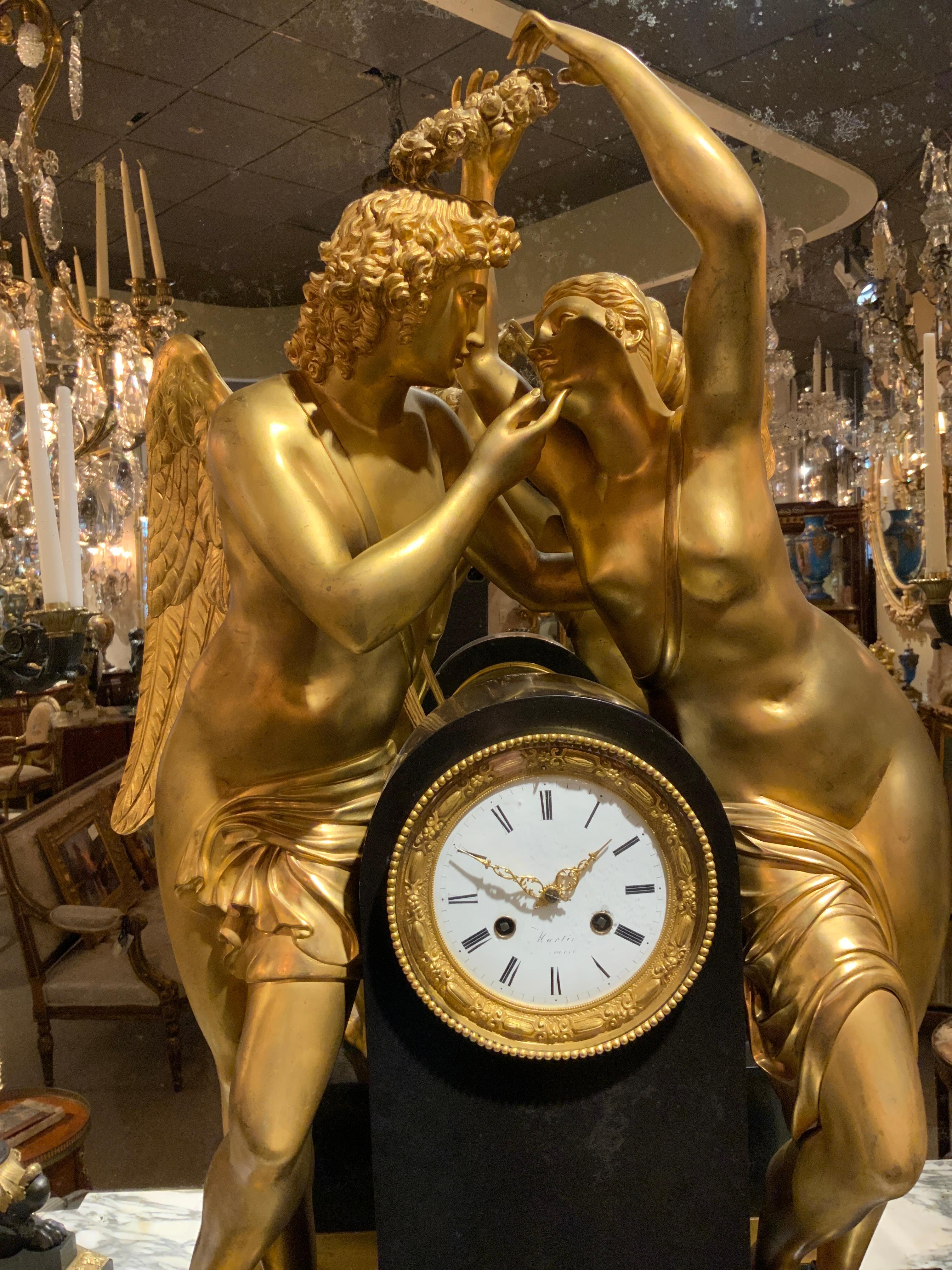 Empire Palace size  Marble and Bronze Dore’ Clock Adorned with Psyche and Amor Figures For Sale