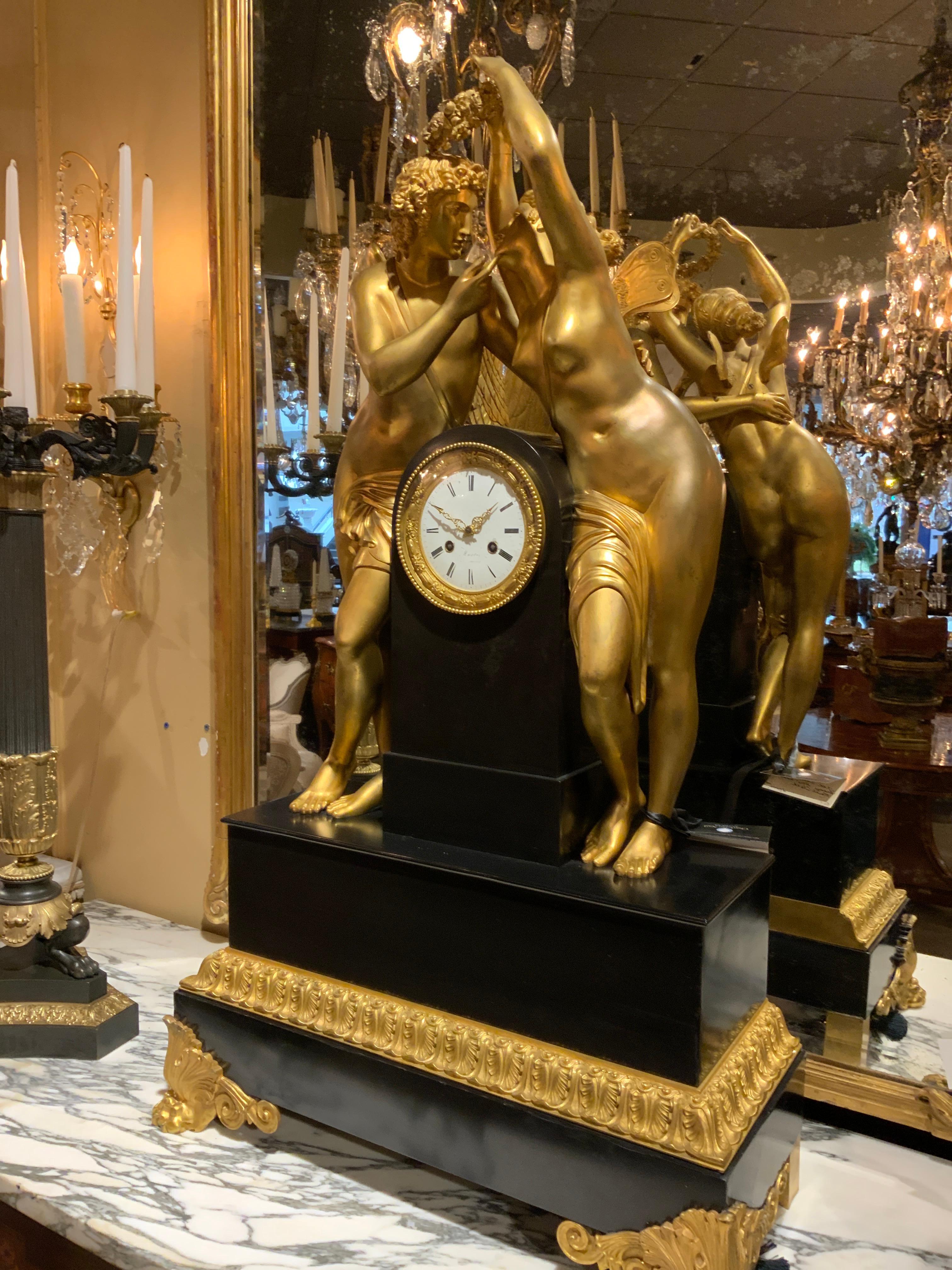 Cast Palace size  Marble and Bronze Dore’ Clock Adorned with Psyche and Amor Figures For Sale