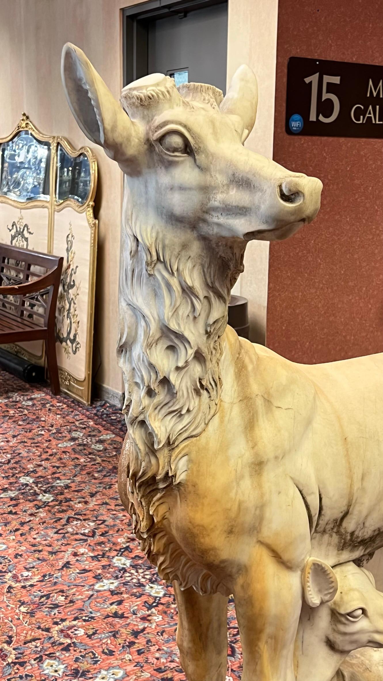 19th Century Monumental Marble Sculpture of Buck Deer and Fawn For Sale