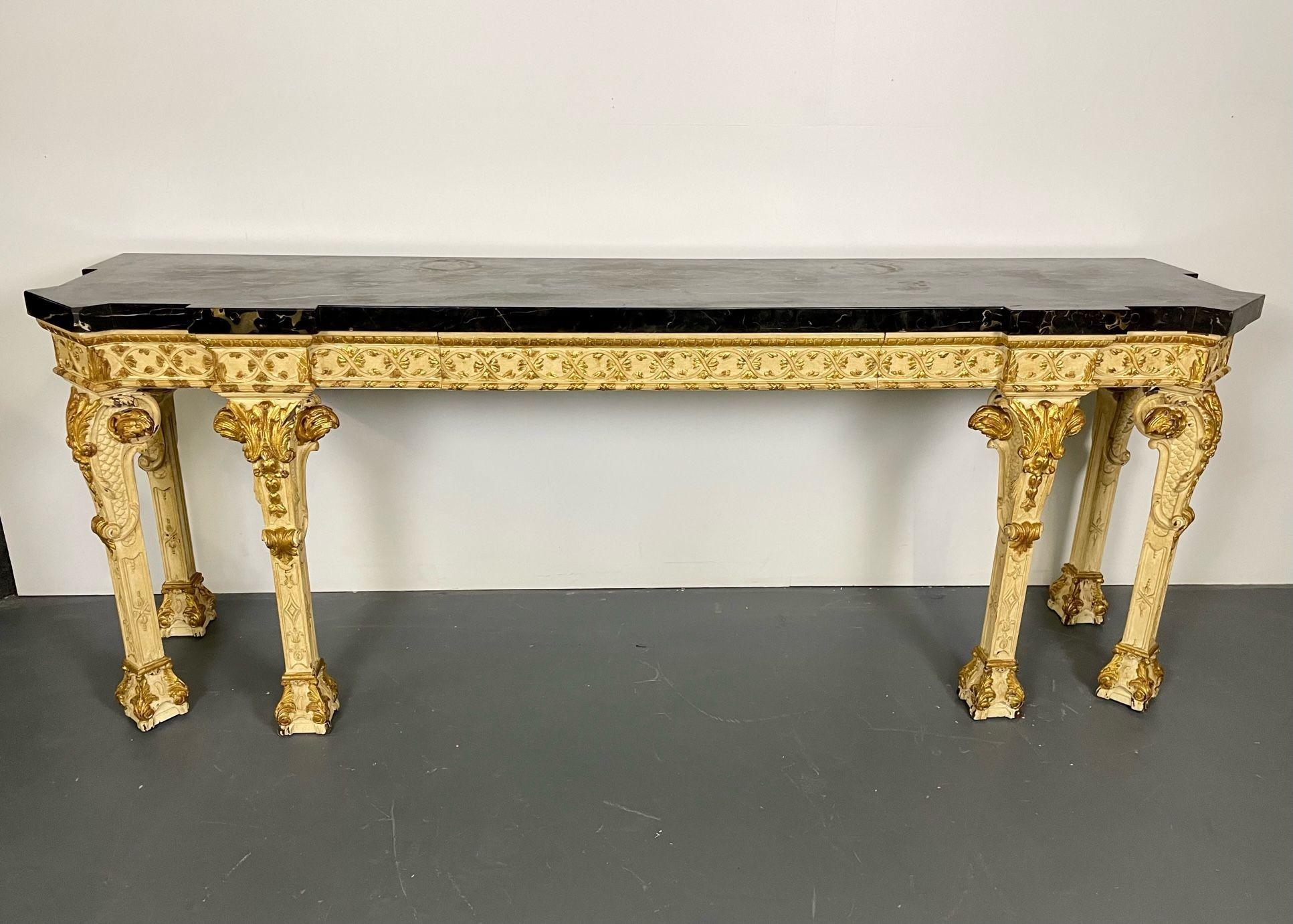 French Maison Jansen, Louis XV Style, Large Console, Beige Carved Wood, Marble, 1900s For Sale