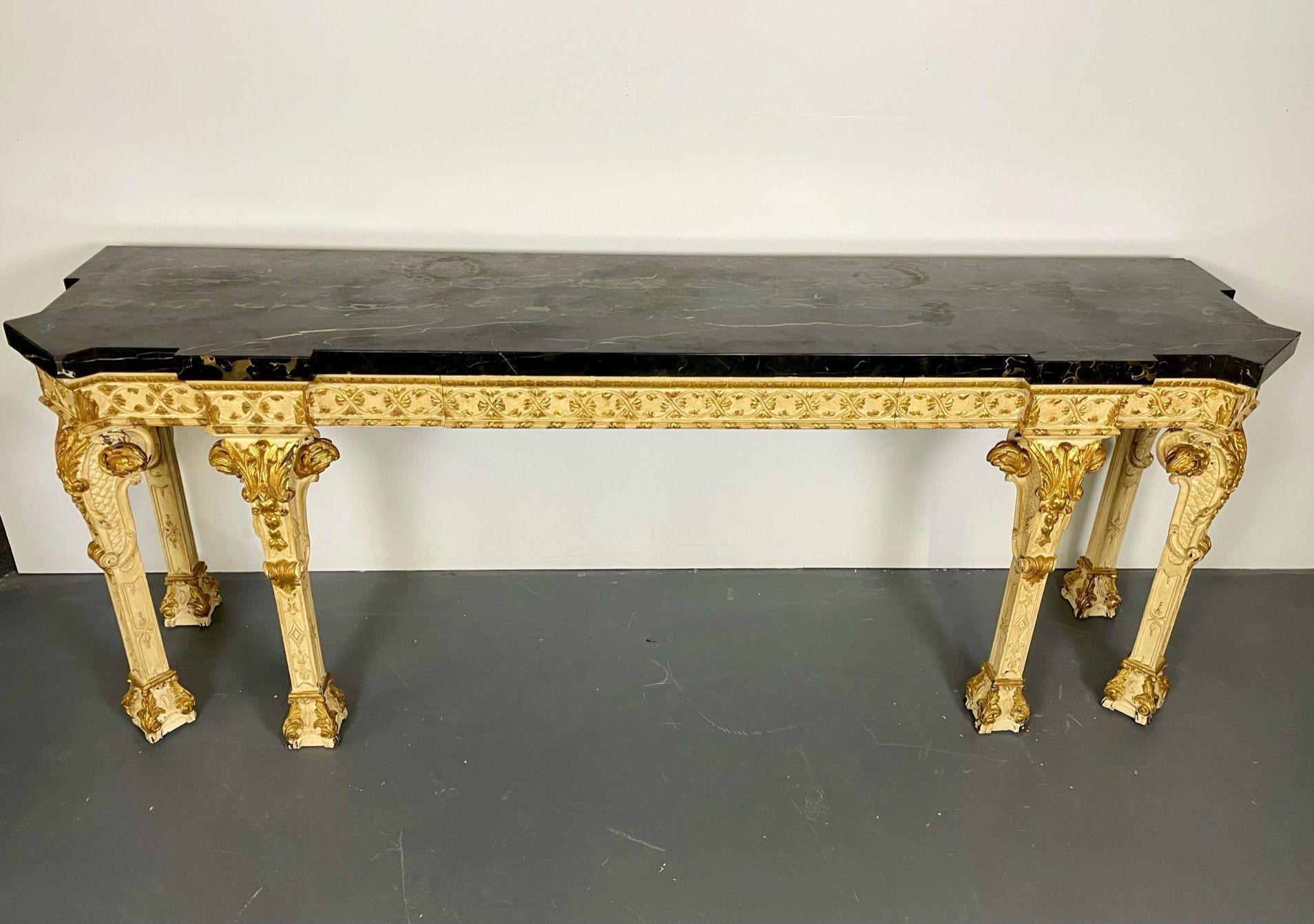 Maison Jansen, style Louis XV, grande console, bois sculpté beige, marbre, années 1900 Bon état - En vente à Stamford, CT