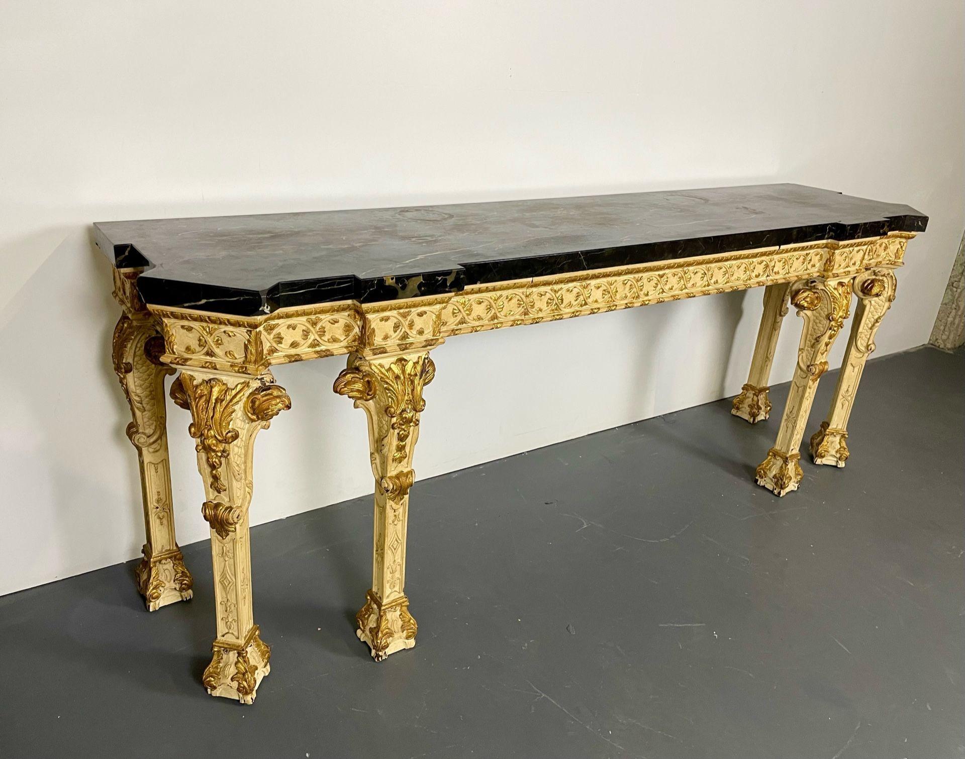 20ième siècle Maison Jansen, style Louis XV, grande console, bois sculpté beige, marbre, années 1900 en vente