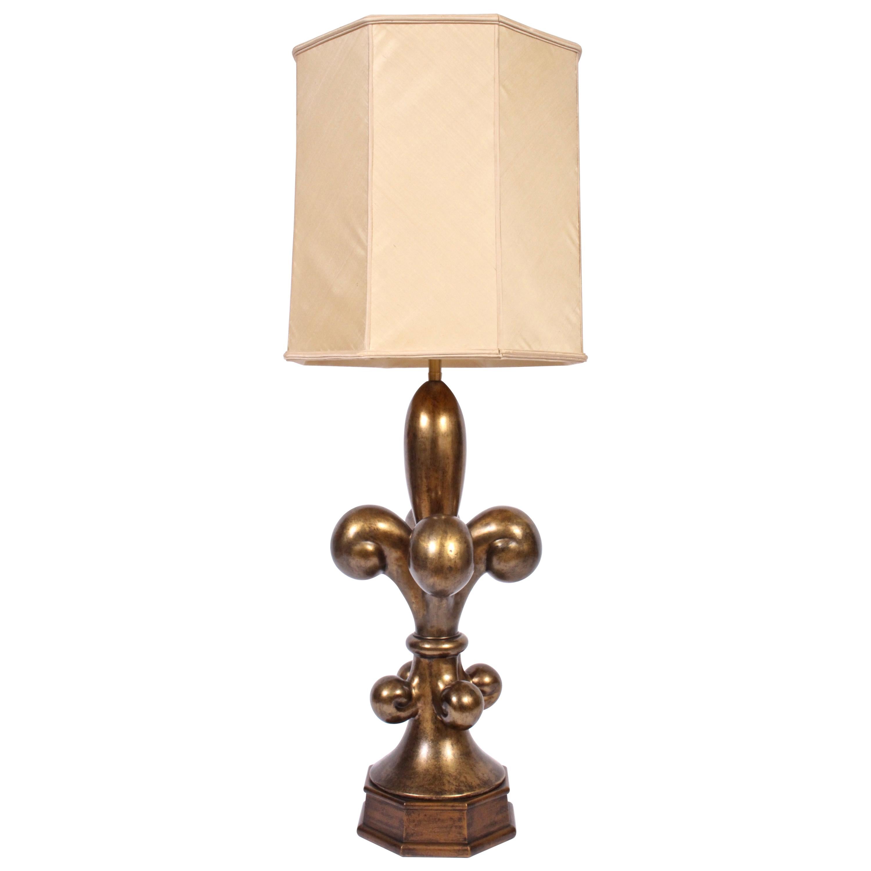 Monumental Marbro Lamp Co. "Fleur de Lis" Brass Table Lamp & Glass Shade, 1960s For Sale