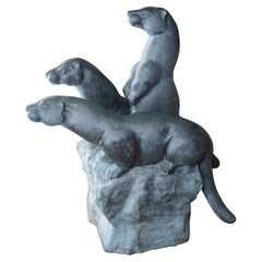 Monumental Max Turner Patinated Bronze Life Size Otter Fountain Statue Sculpture