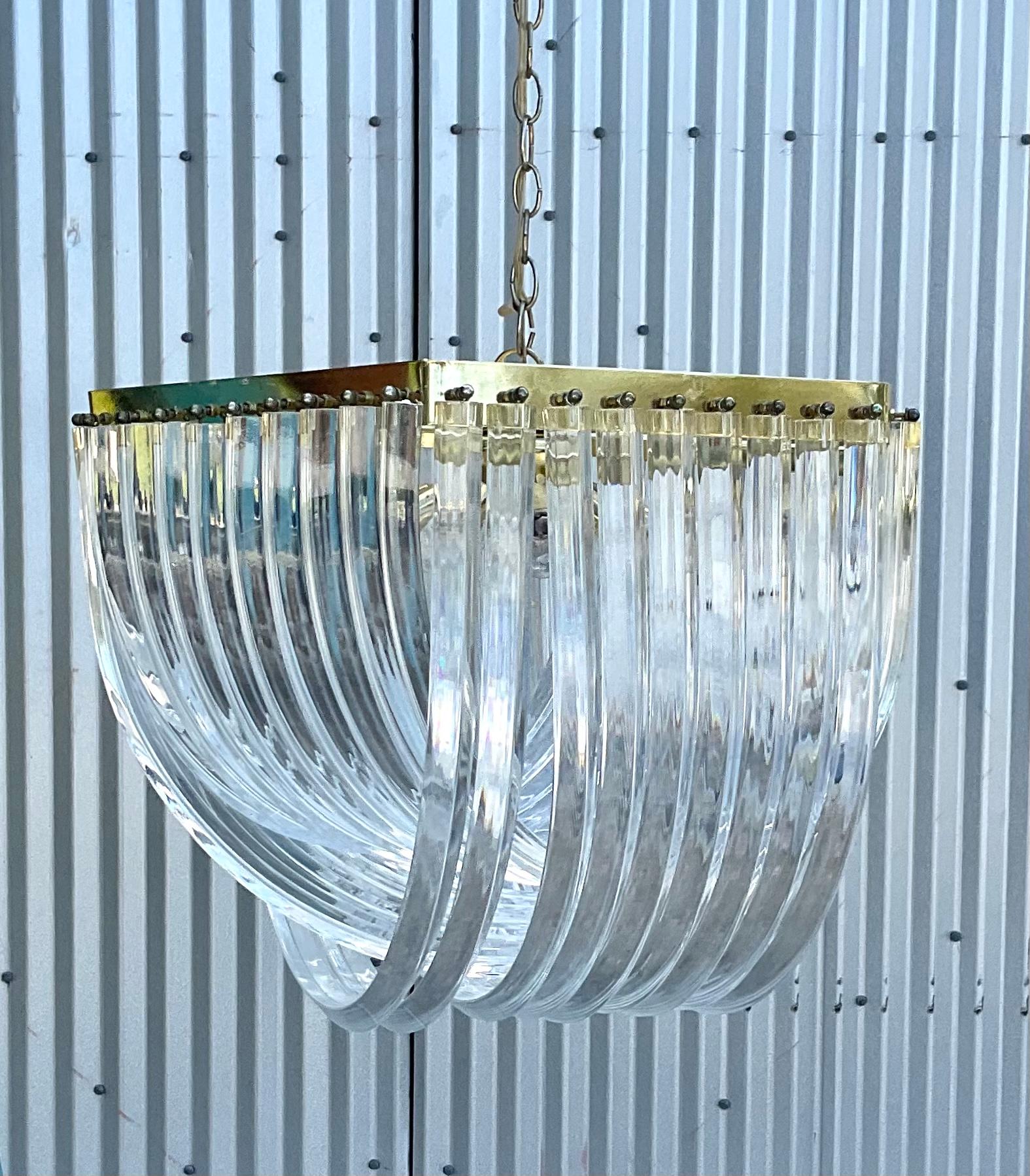 20th Century Monumental MCM Lucite Ribbon Chandelier