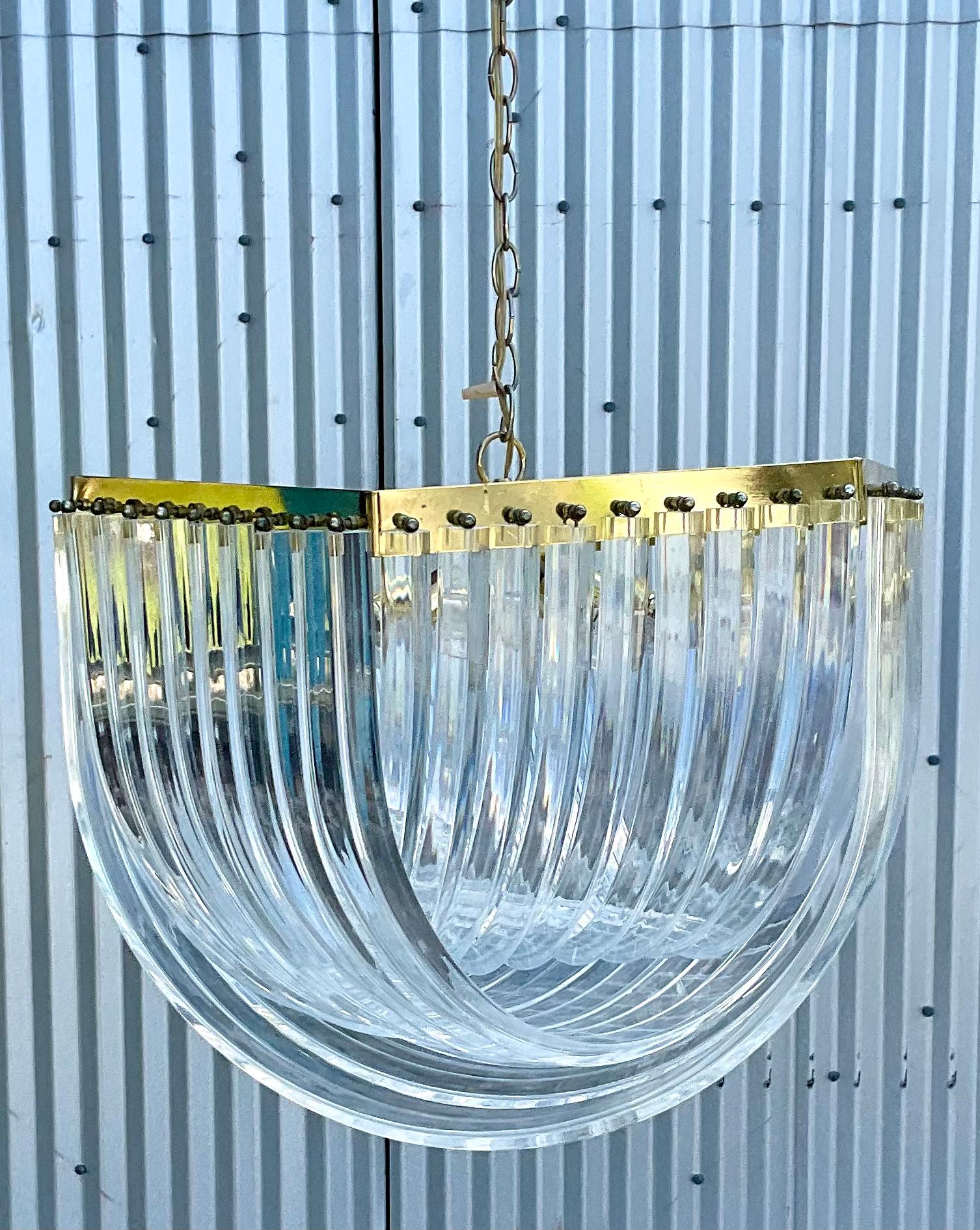 Brass Monumental MCM Lucite Ribbon Chandelier