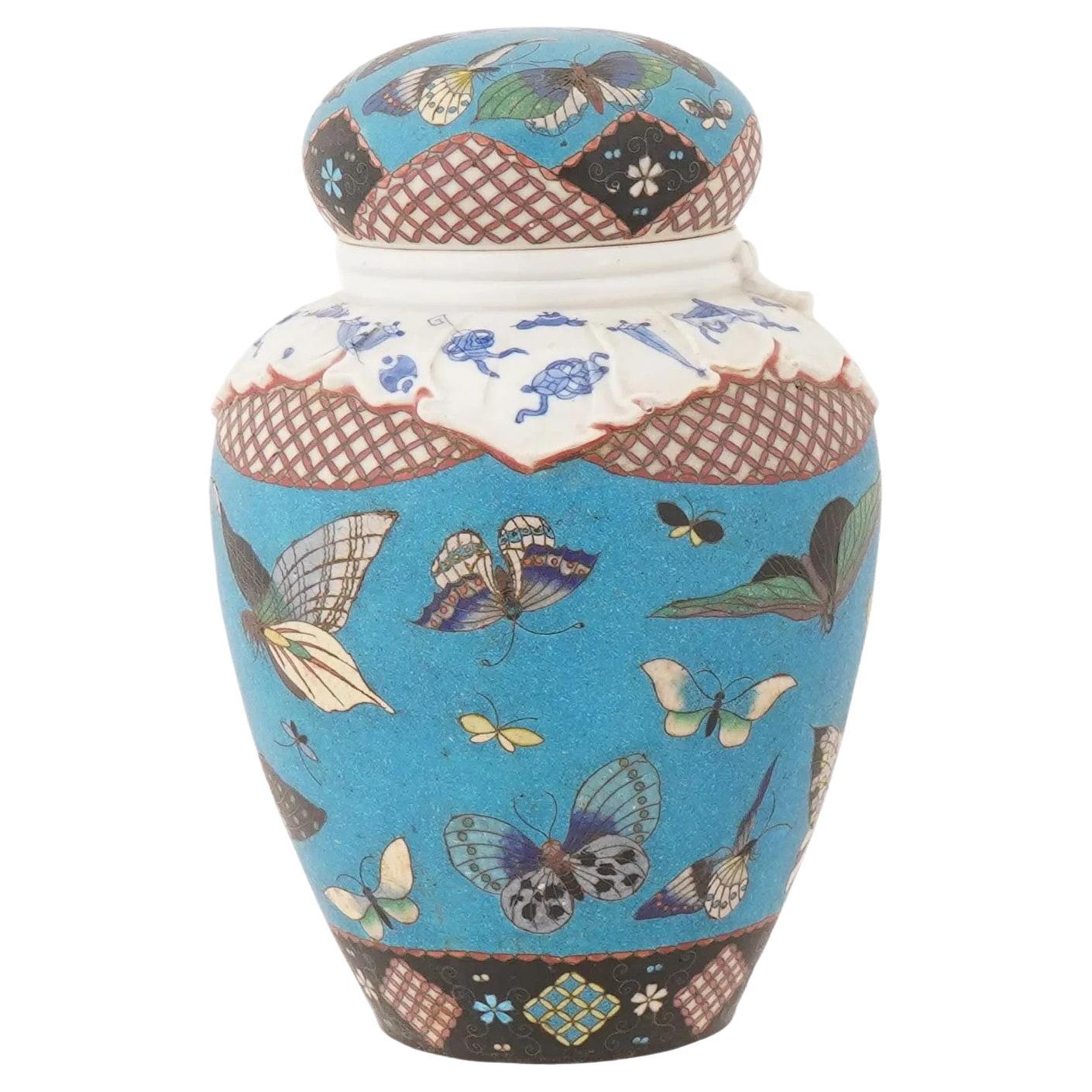 Monumental Meiji Japanese Cloisonne Enamel Totai Covered Jar With Butterflies For Sale
