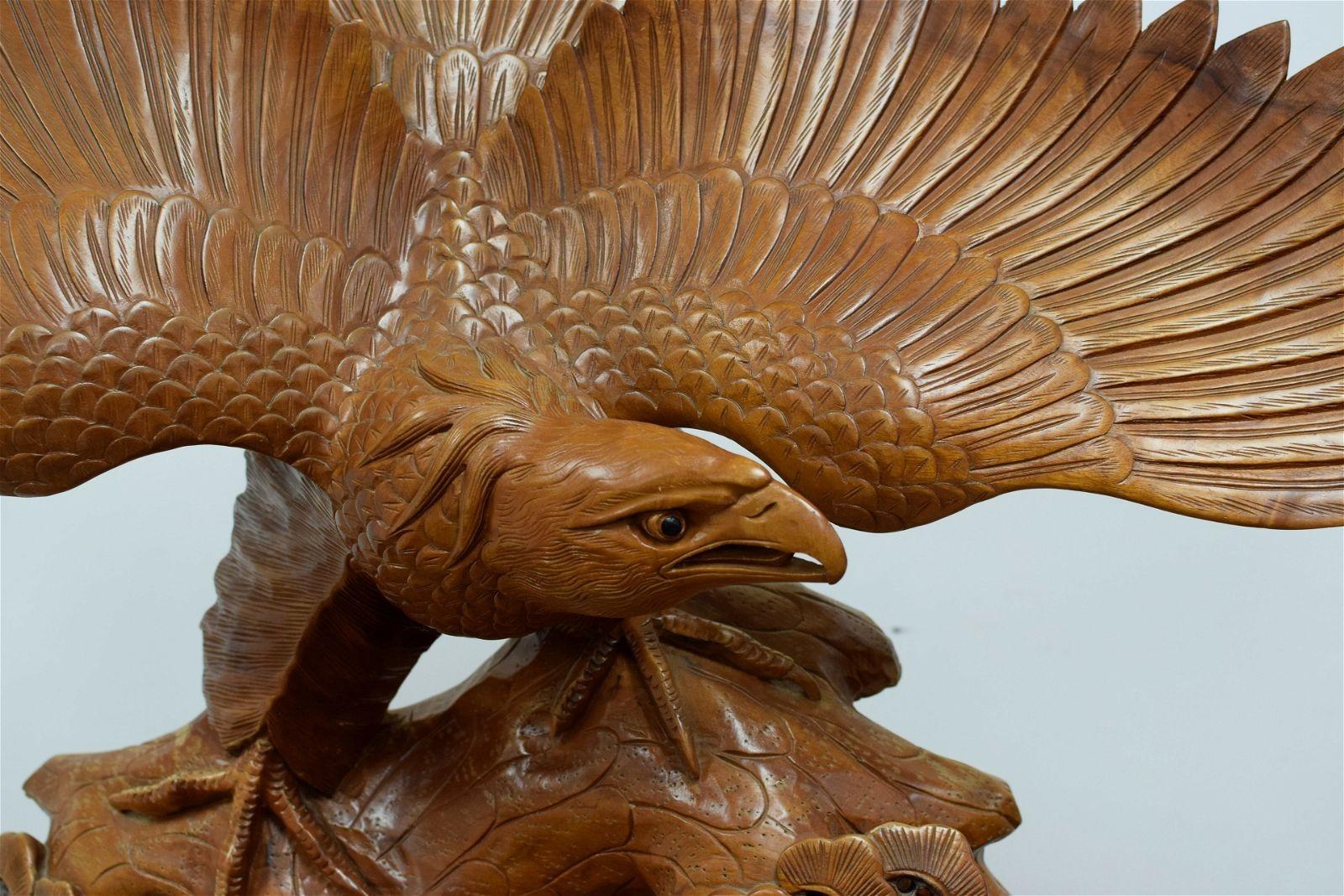 Hand-Carved Monumental Meiji Japanese Eagle Statue in Teak with Burlwood Pedestal For Sale