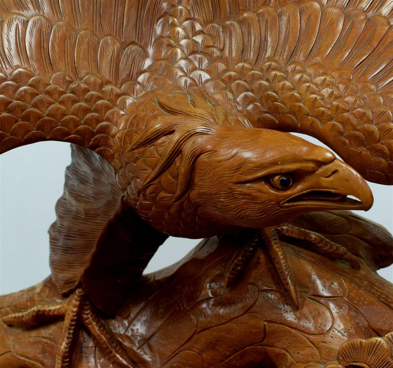 Monumental Meiji Japanese Eagle Statue in Teak with Burlwood Pedestal For Sale 3