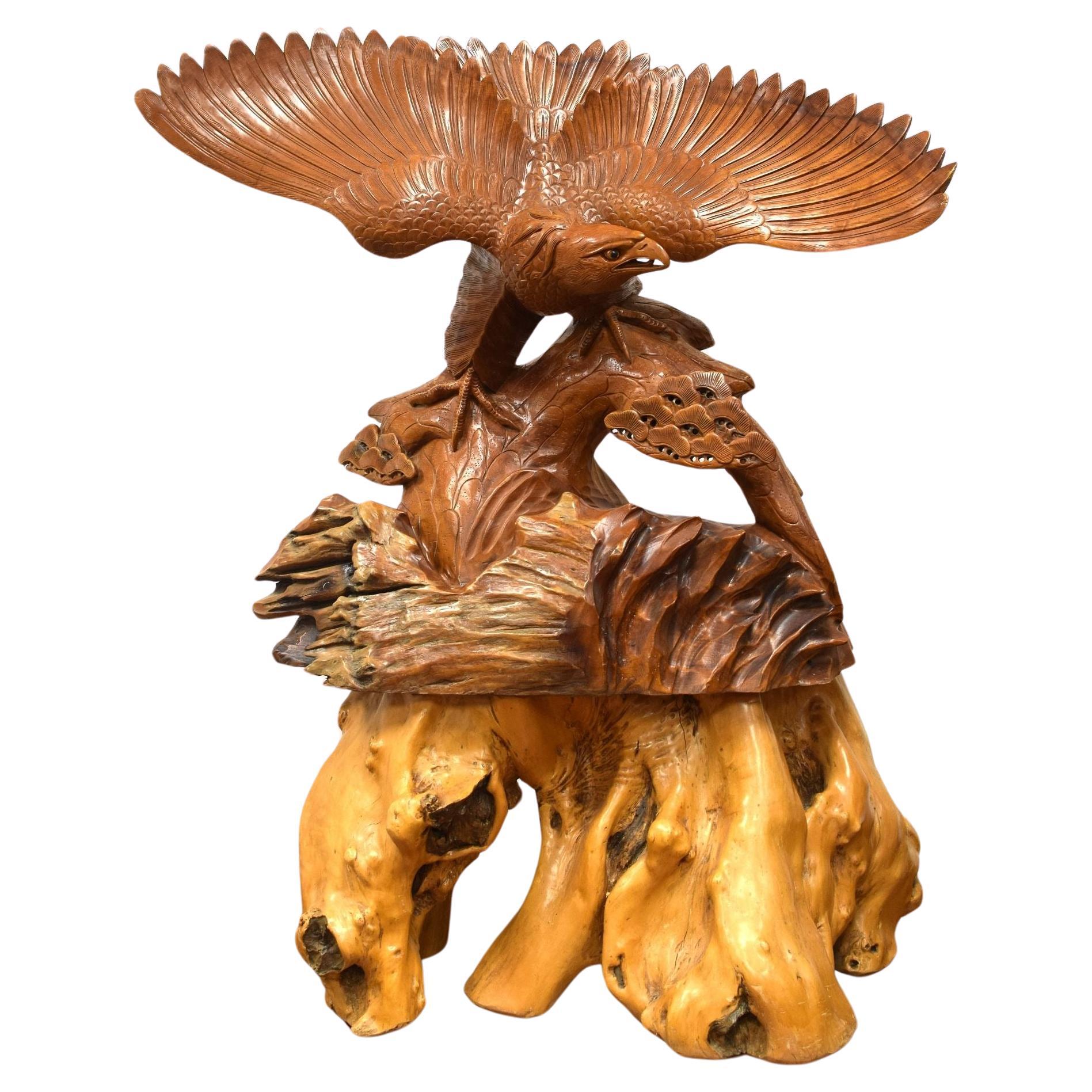 Monumental Meiji Japanese Eagle Statue in Teak with Burlwood Pedestal