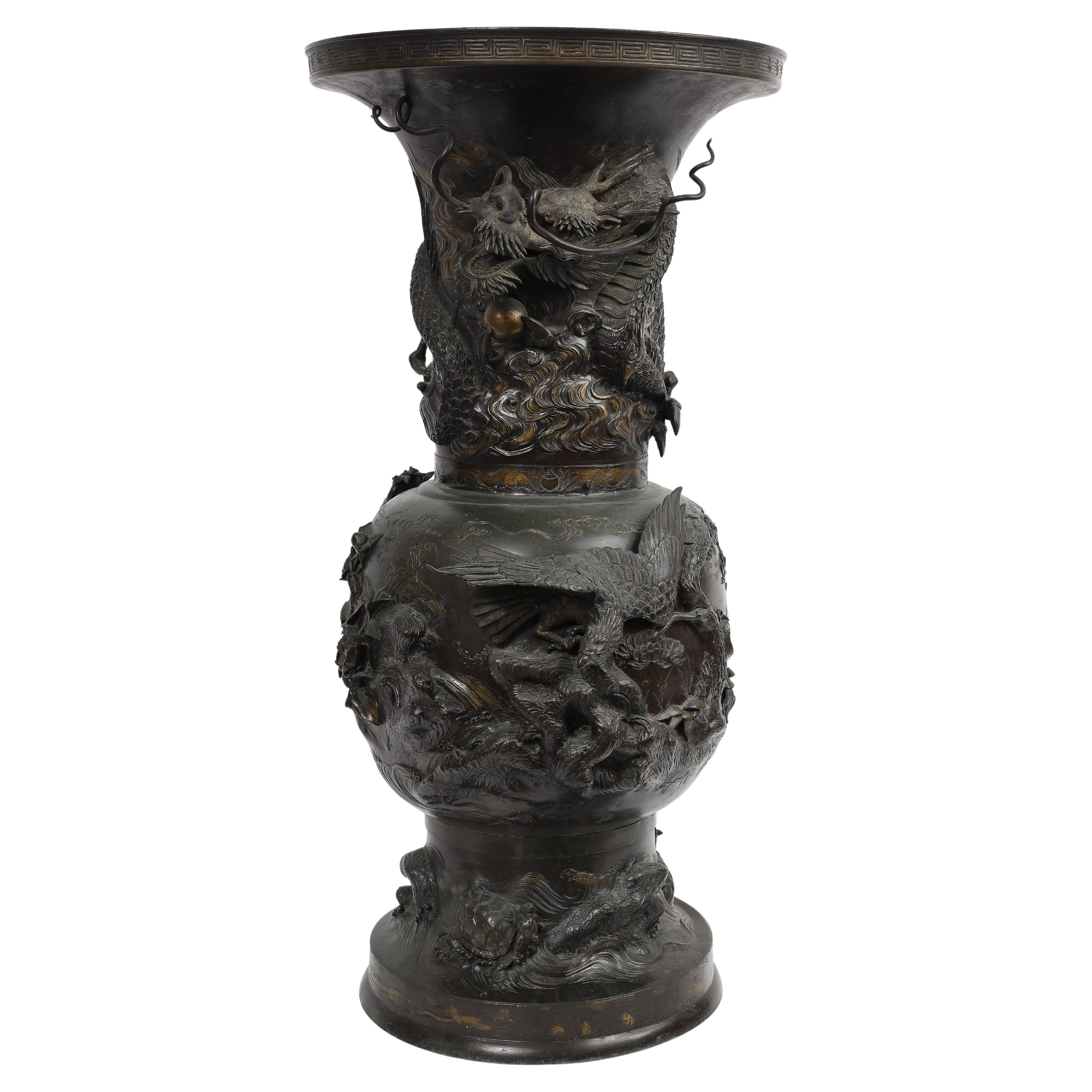Monumental Meiji Period Japanese Bronze Vase with Dragon & Phoenix, Pat & Gold