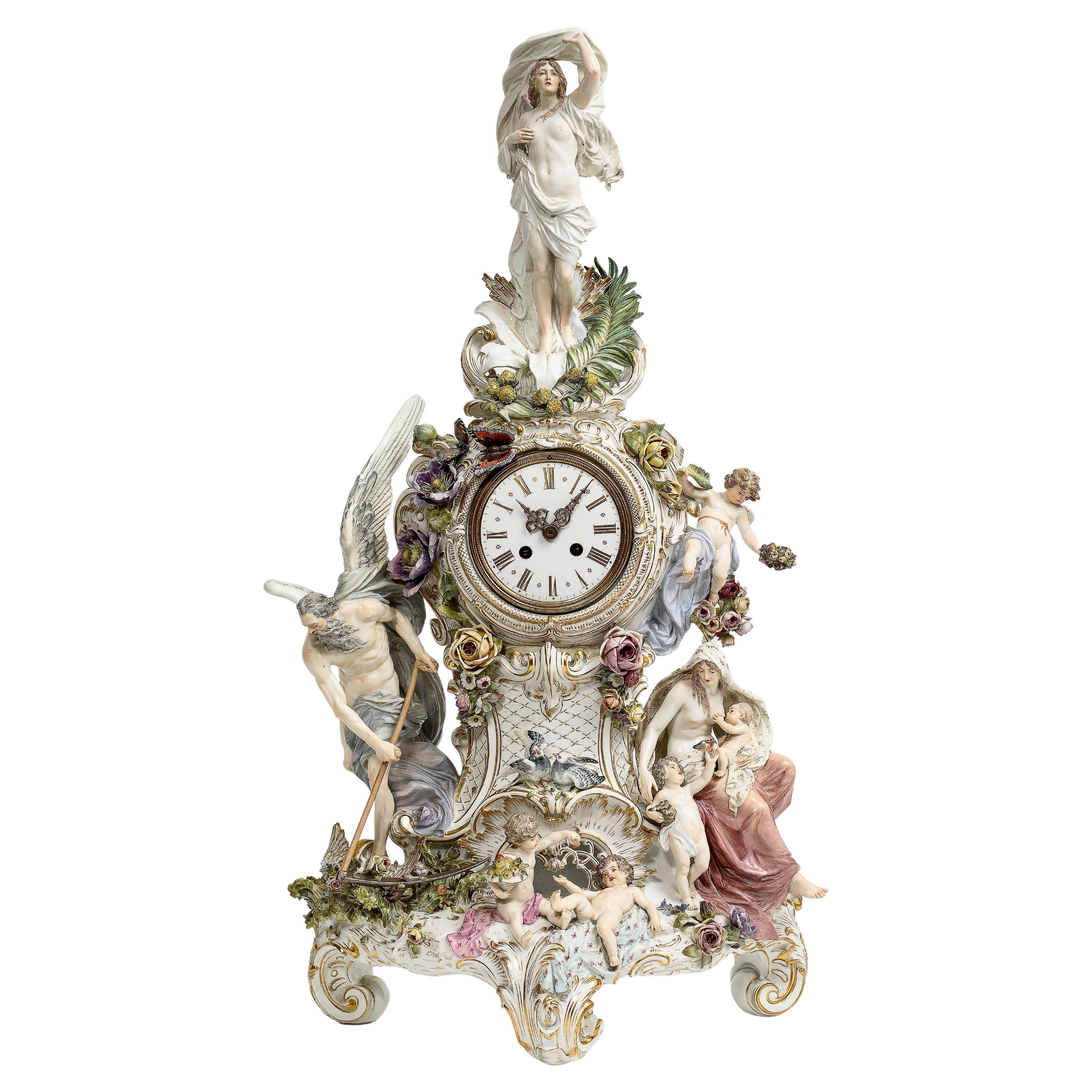Monumental Meissen Porcelain Figural Mantel Clock, Modeled by Paul Helmig
