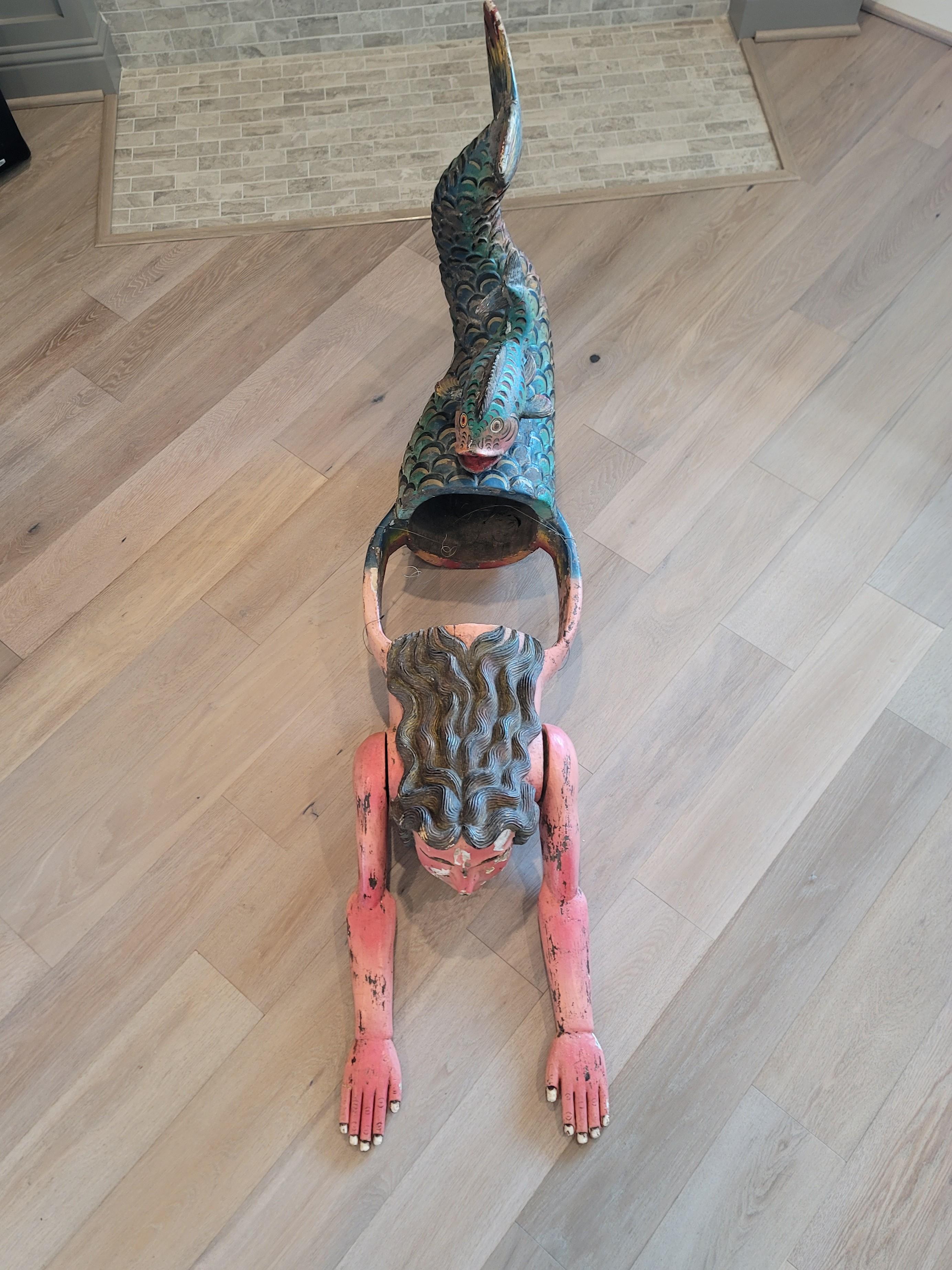Monumental Mexican Carved Polychrome Mermaid Dance Mask, Folk Art Sculpture For Sale 7