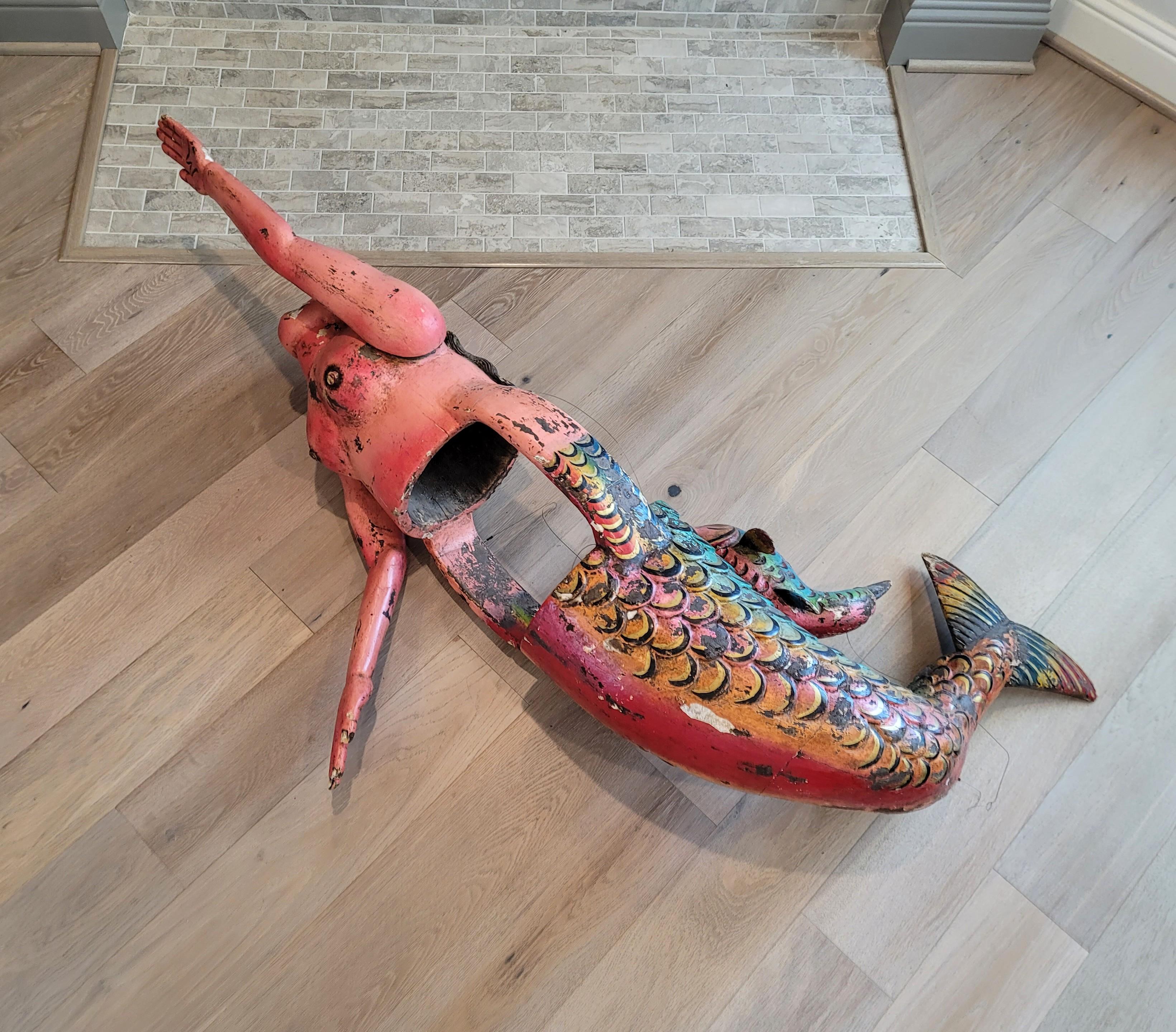 Monumental Mexican Carved Polychrome Mermaid Dance Mask, Folk Art Sculpture For Sale 10