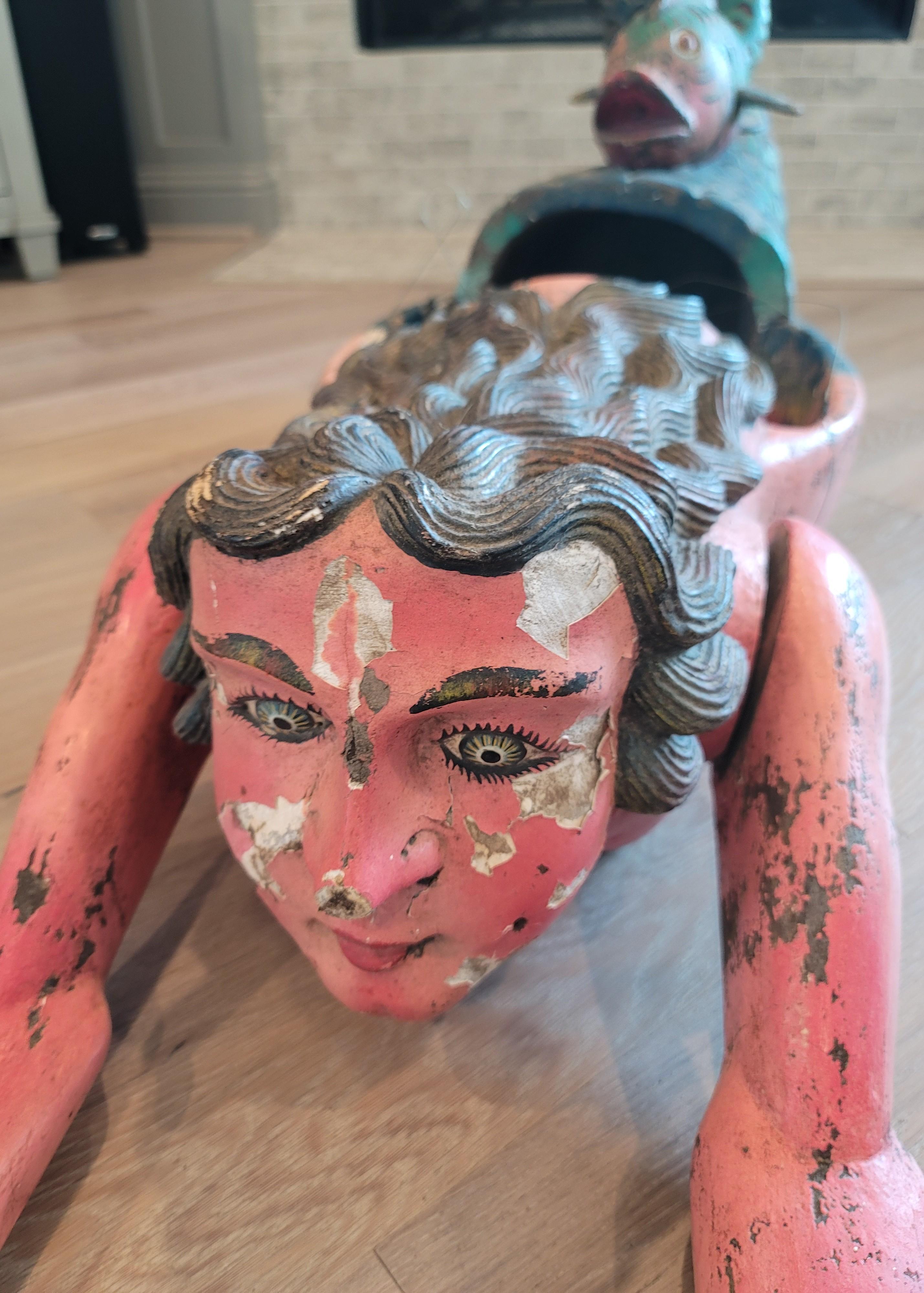 Monumental Mexican Carved Polychrome Mermaid Dance Mask, Folk Art Sculpture For Sale 11