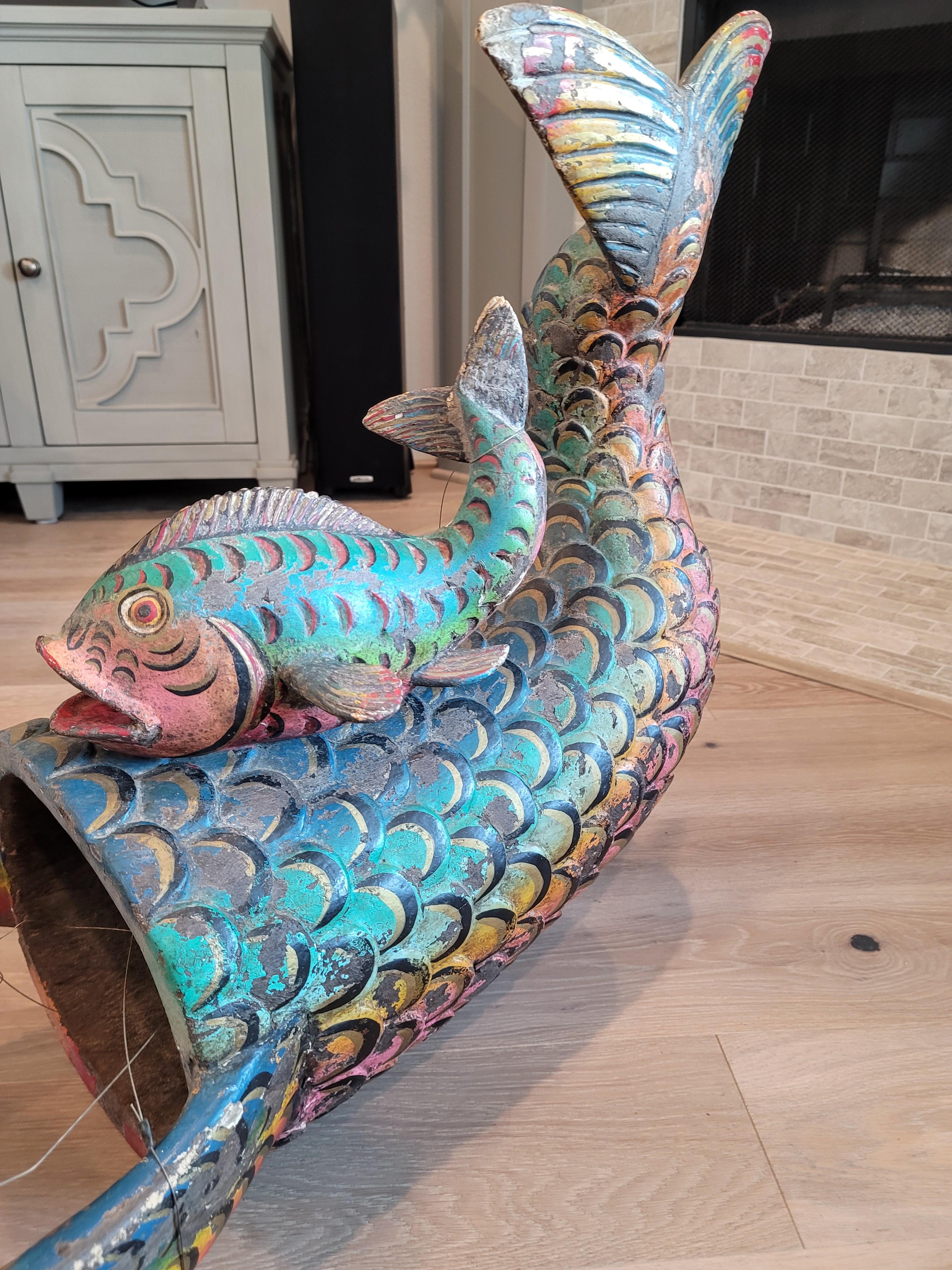 20th Century Monumental Mexican Carved Polychrome Mermaid Dance Mask, Folk Art Sculpture
