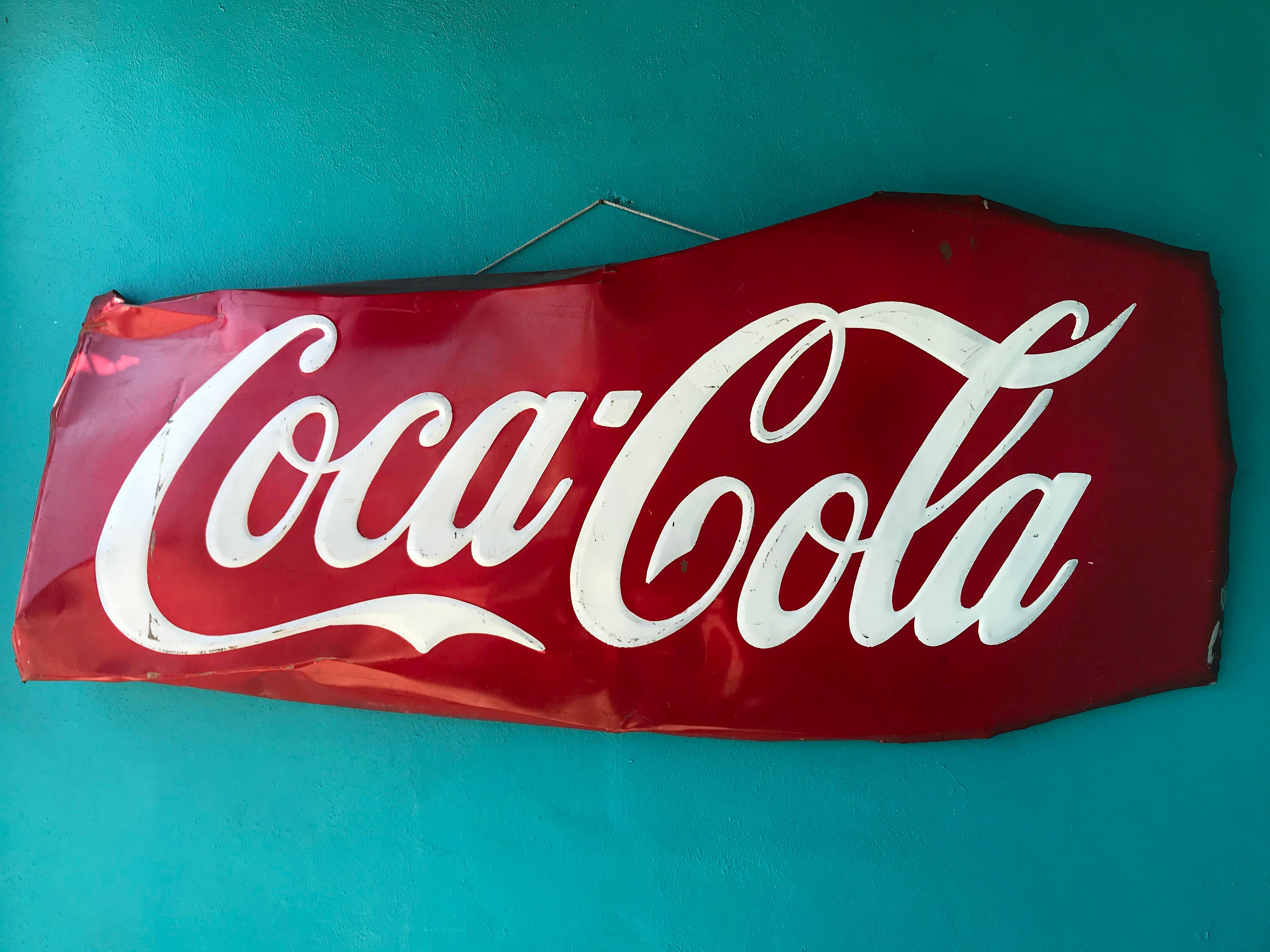 Monumental vintage Mexican coca cola sign. Measures: 7 feet 4 inches.
This sign is porcelain on metal. (Original bended and distressed condition).
Made in Mexico City, circa 1960s. x.
 
 
      
