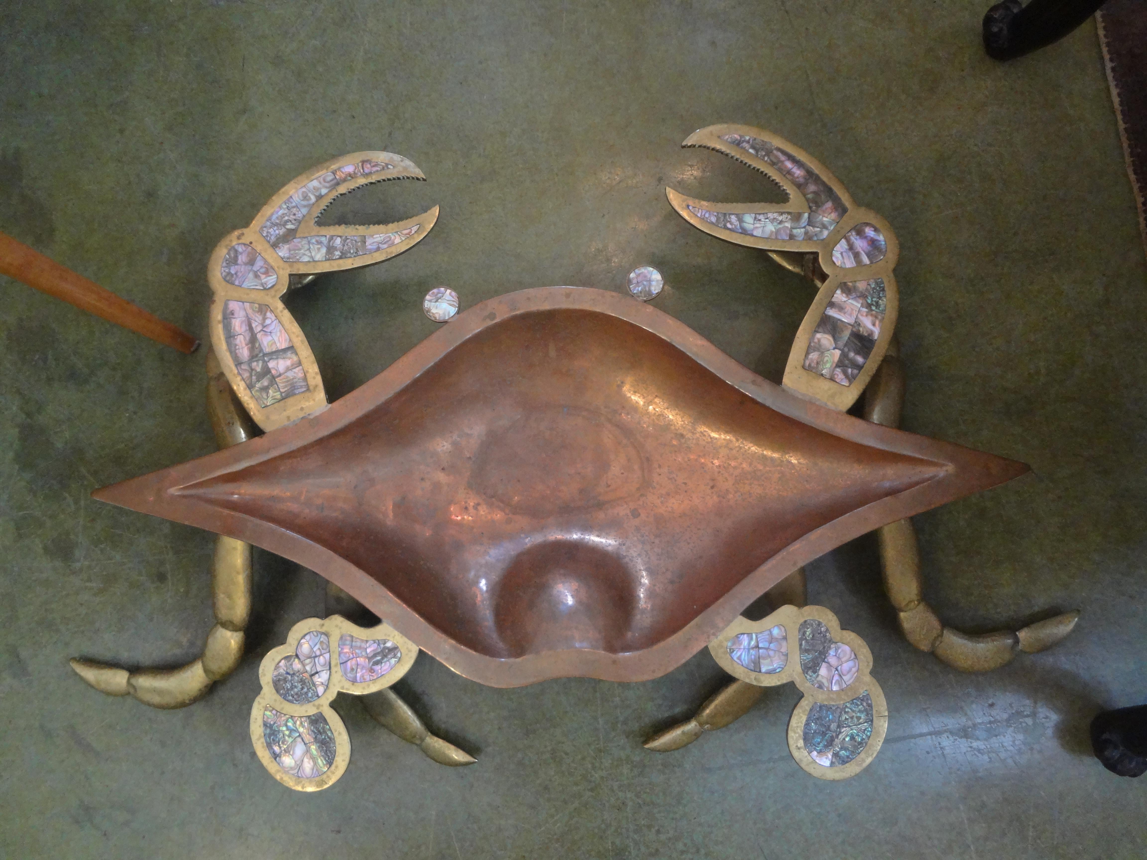 Stunning and rare Los Castillo Taxco style Mexican modernist mixed metal-brass and copper-crab dish Inlaid with Abalone. This fantastic monumental piece is the largest we have ever seen-36