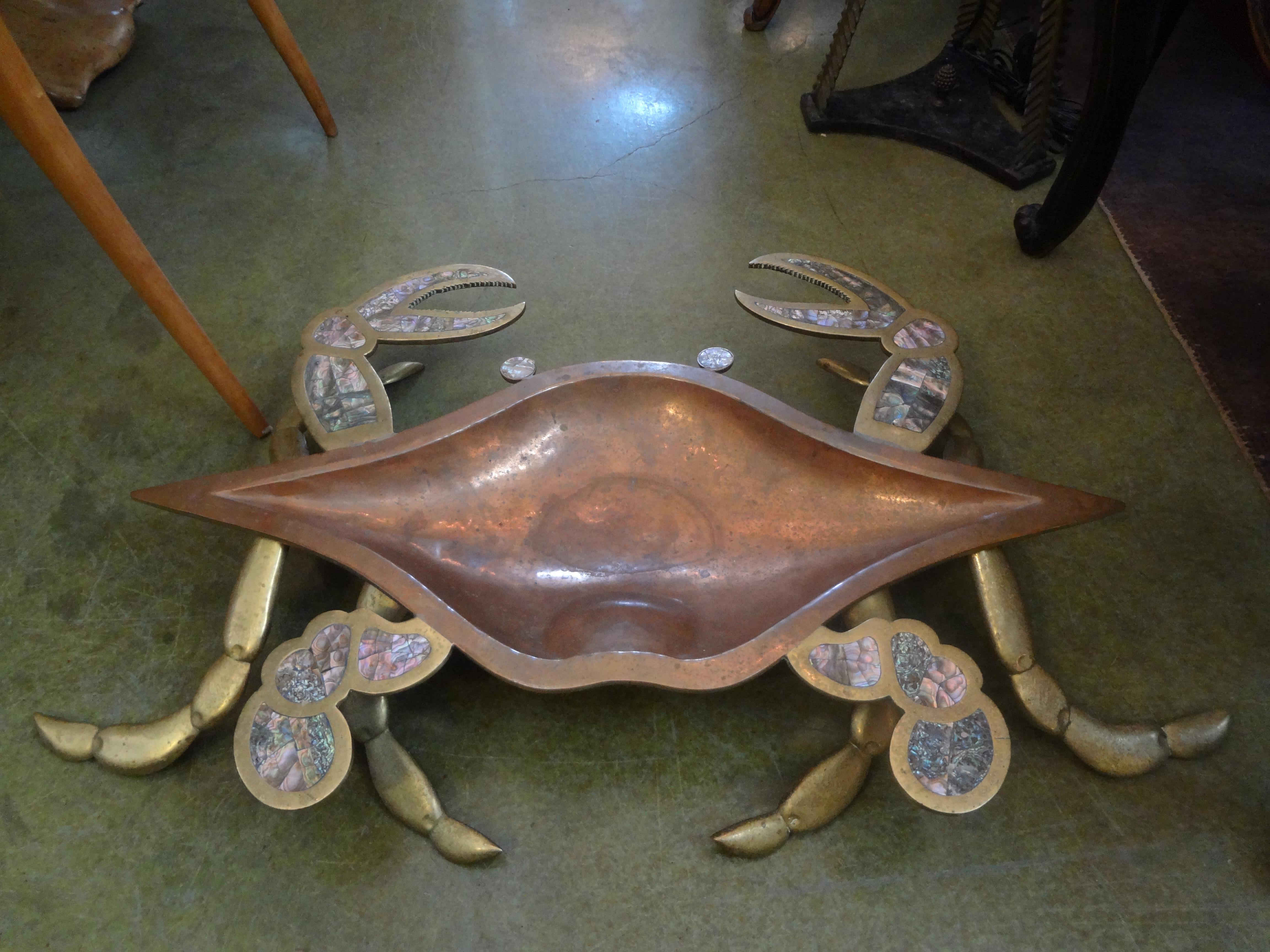 Monumental Mexican Modernist Brass and Copper Crab Dish Inlaid with Abalone 1