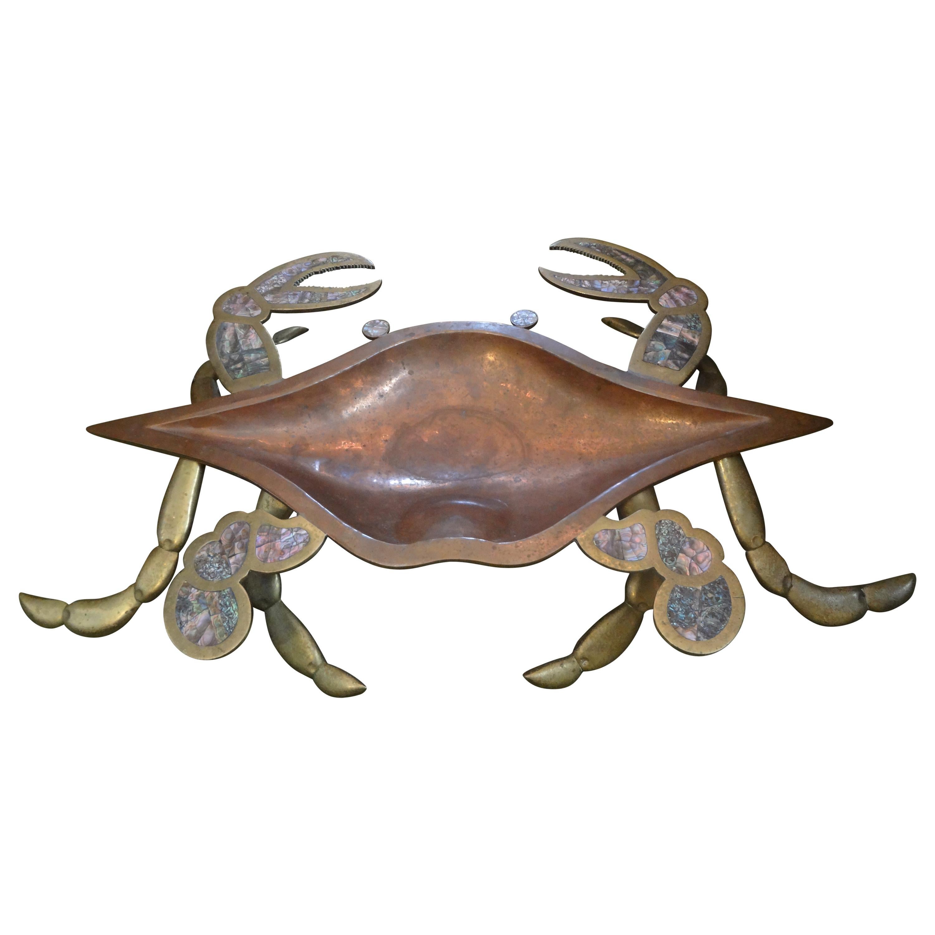 Monumental Mexican Modernist Brass and Copper Crab Dish Inlaid with Abalone