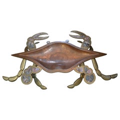 Vintage Monumental Mexican Modernist Brass and Copper Crab Dish Inlaid with Abalone