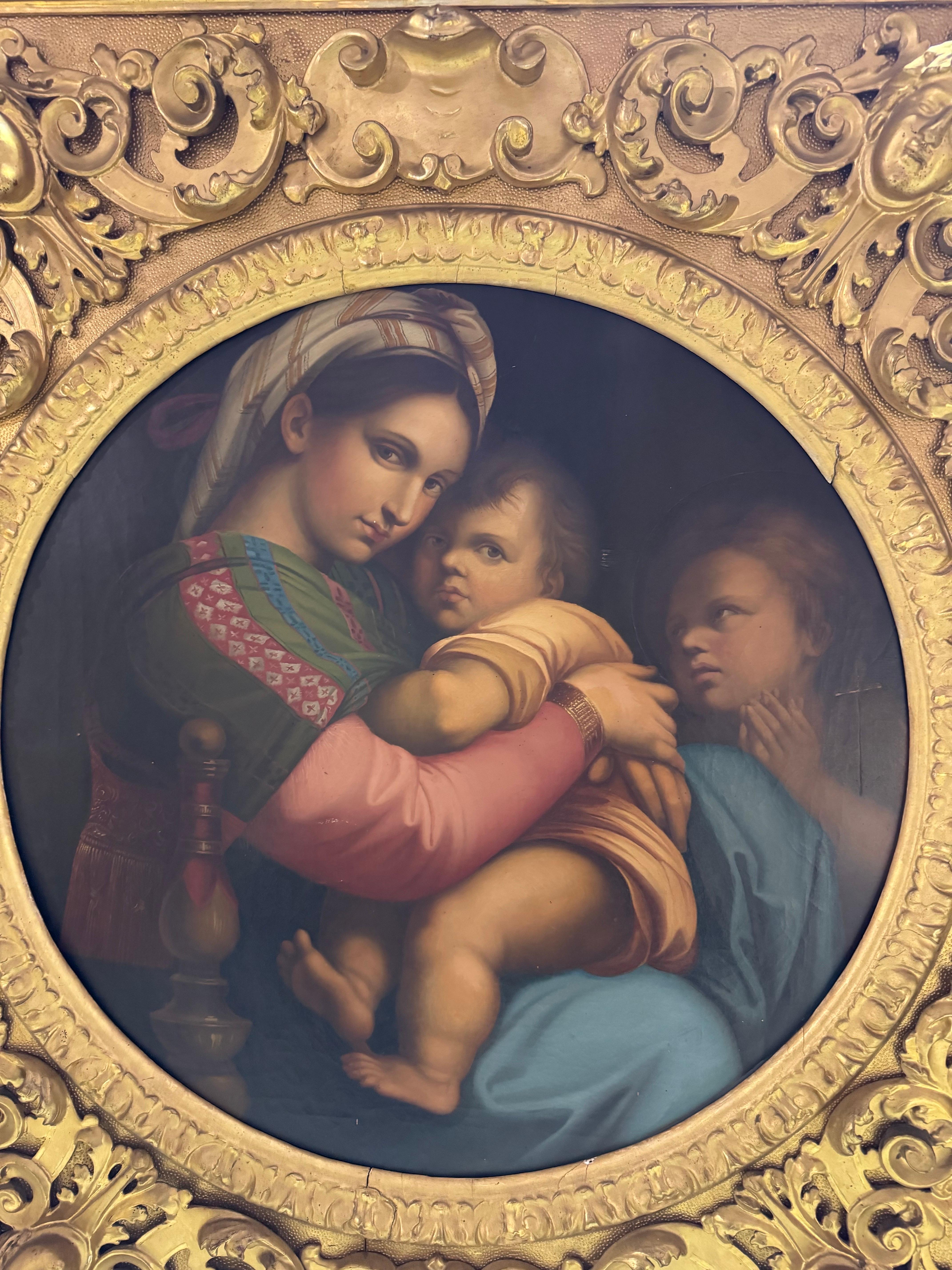 Neoclassical Monumental Mid-19thC Carved and Gilded Frame with Madonna Della Seggiola Replica For Sale