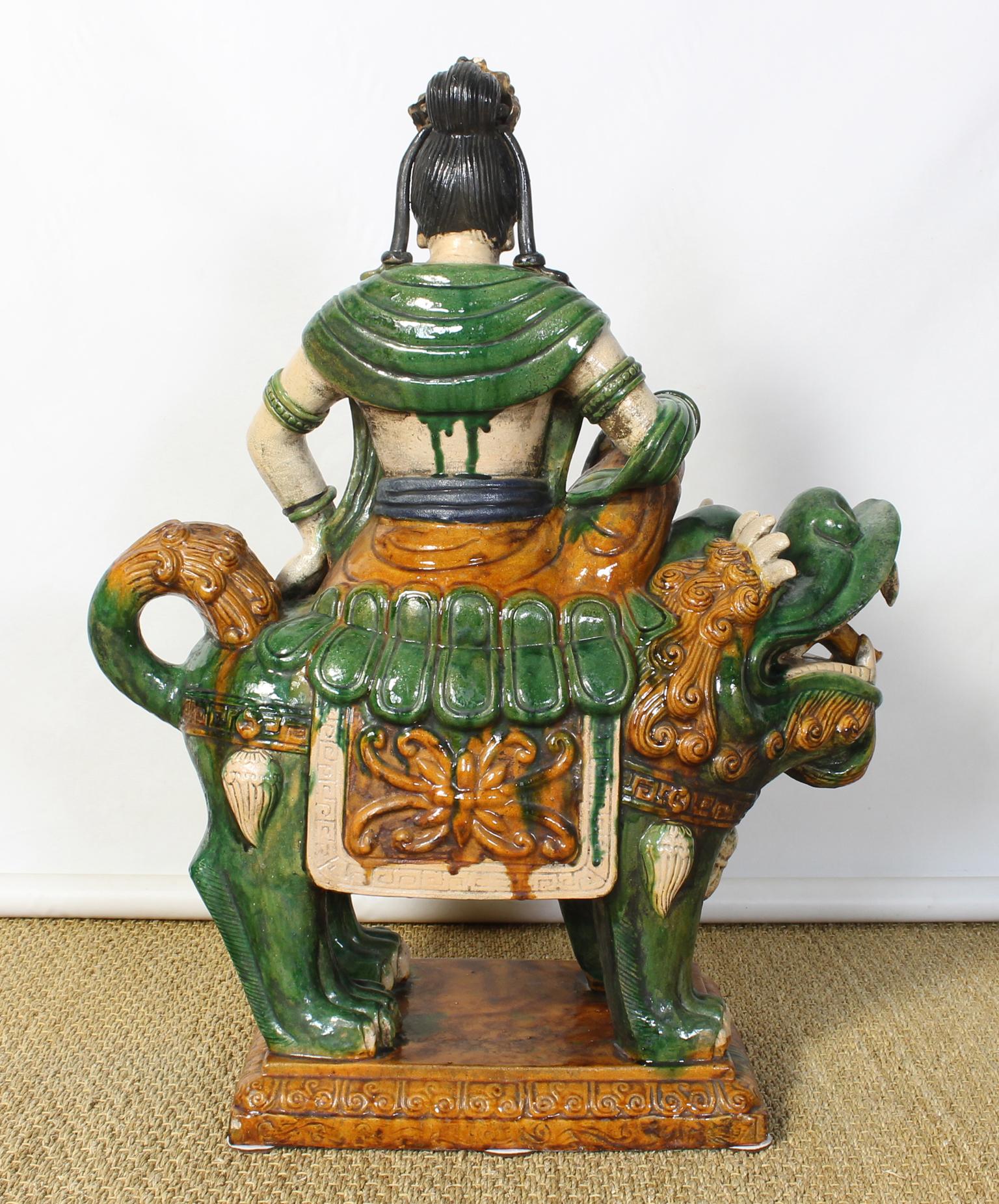 Monumental Mid-20th Century Glazed Ceramic Quan Yin Astride a Foo Dog In Good Condition In Kilmarnock, VA