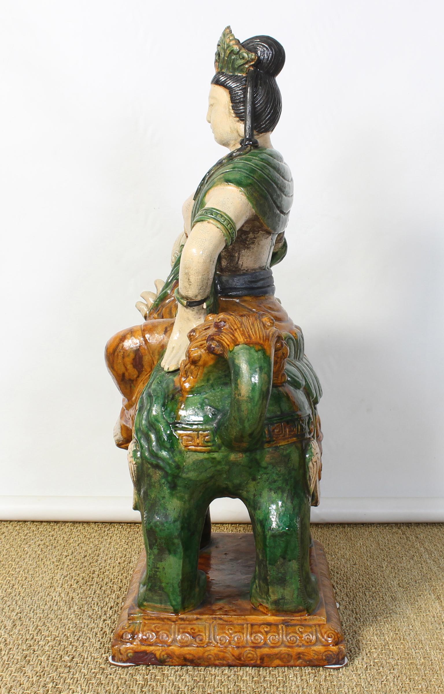 Monumental Mid-20th Century Glazed Ceramic Quan Yin Astride a Foo Dog 1