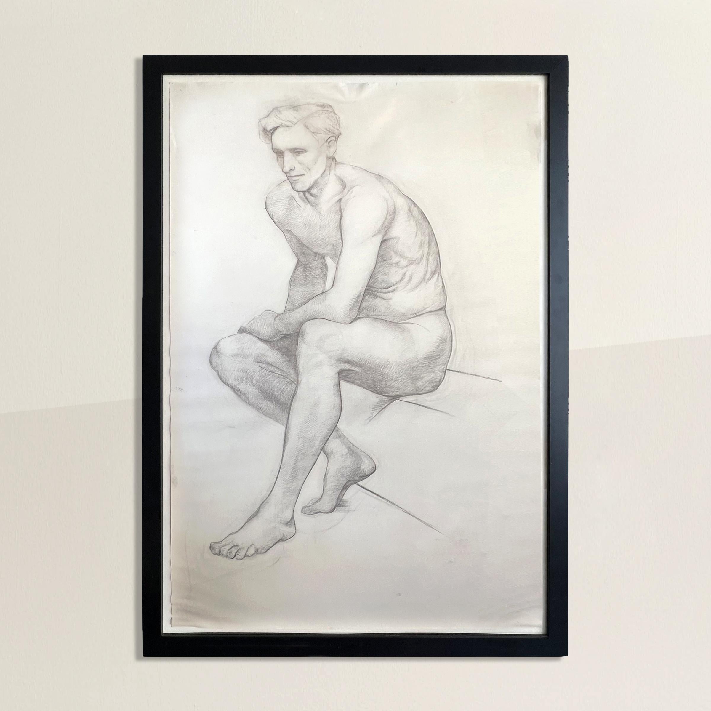 A stunning monumental mid-20th century Belgian academic figure drawing depicting a seated man with a great head of hair, and with a keen attention to musculature.