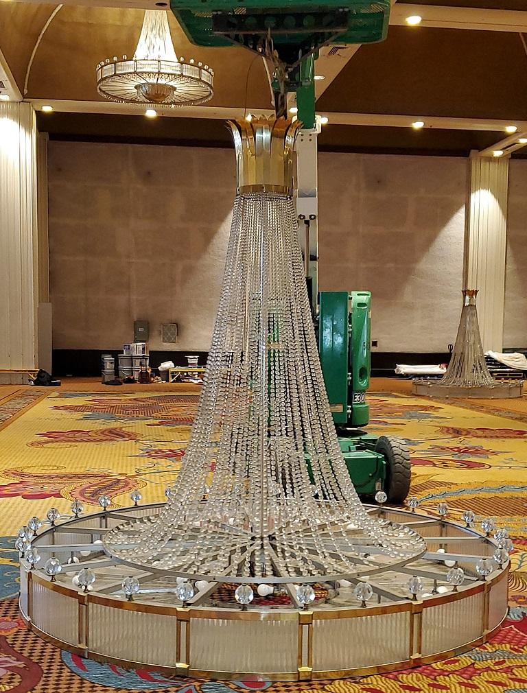 We have the distinct pleasure to present to you a selection of monumental midcentury Art Deco style ballroom chandeliers with amazing provenance.

From the Regency Ballroom of the Fairmont Hotel in Dallas, TX, one of the most iconic Hotels in