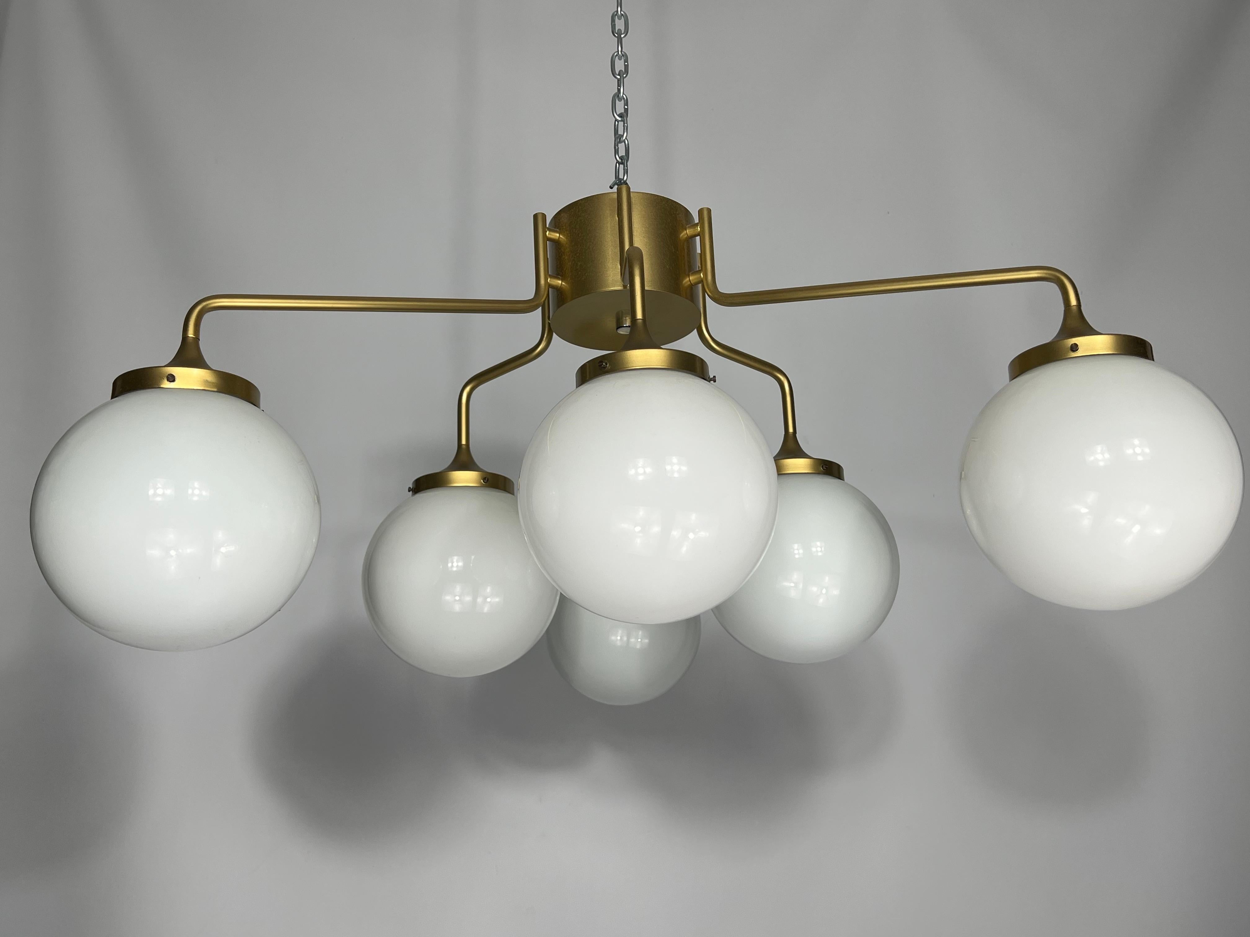 Mid-Century Modern Monumental Mid-Century Brass and Milk Glass Ceiling Lamp by Reggiani, Italy 1970 For Sale