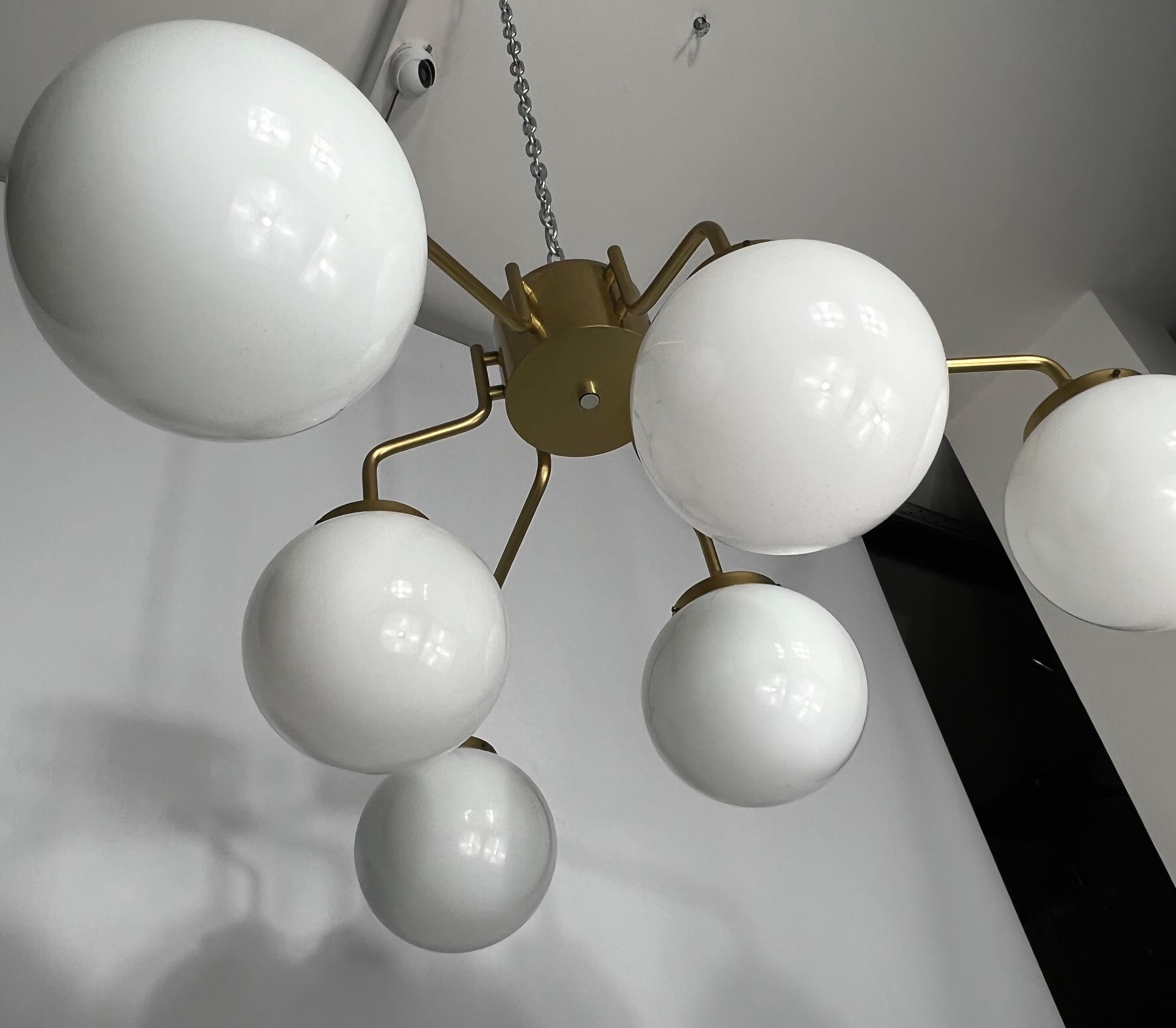 20th Century Monumental Mid-Century Brass and Milk Glass Ceiling Lamp by Reggiani, Italy 1970 For Sale