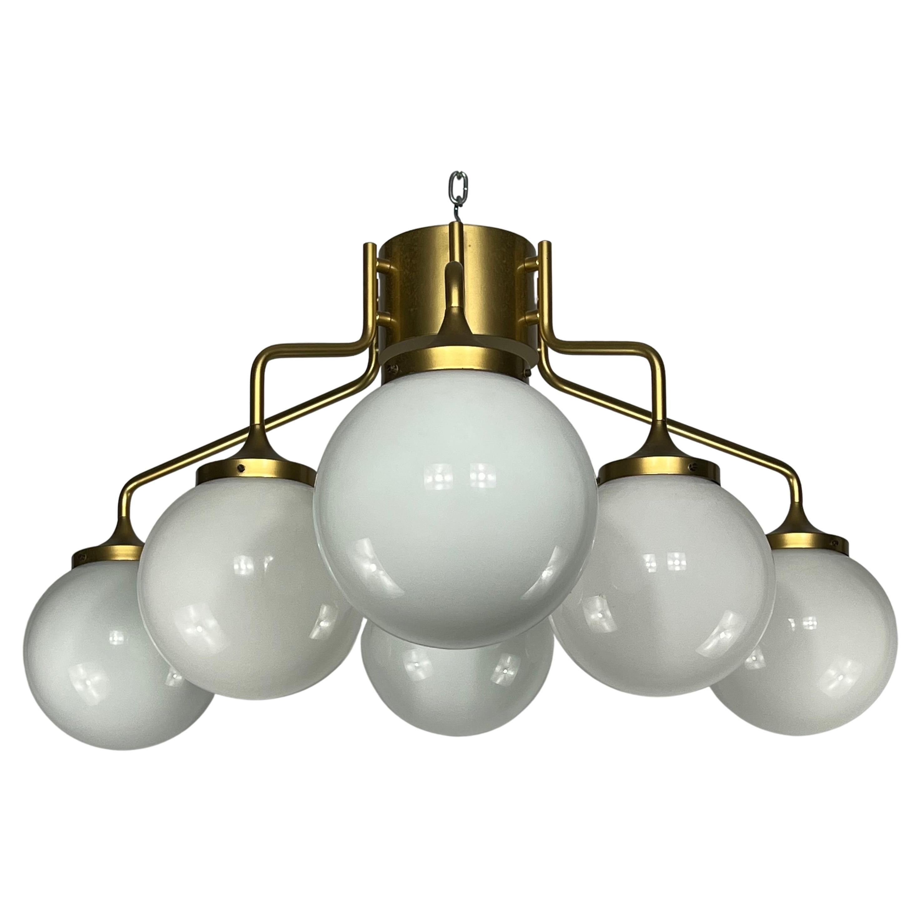 Monumental Mid-Century Brass and Milk Glass Ceiling Lamp by Reggiani, Italy 1970