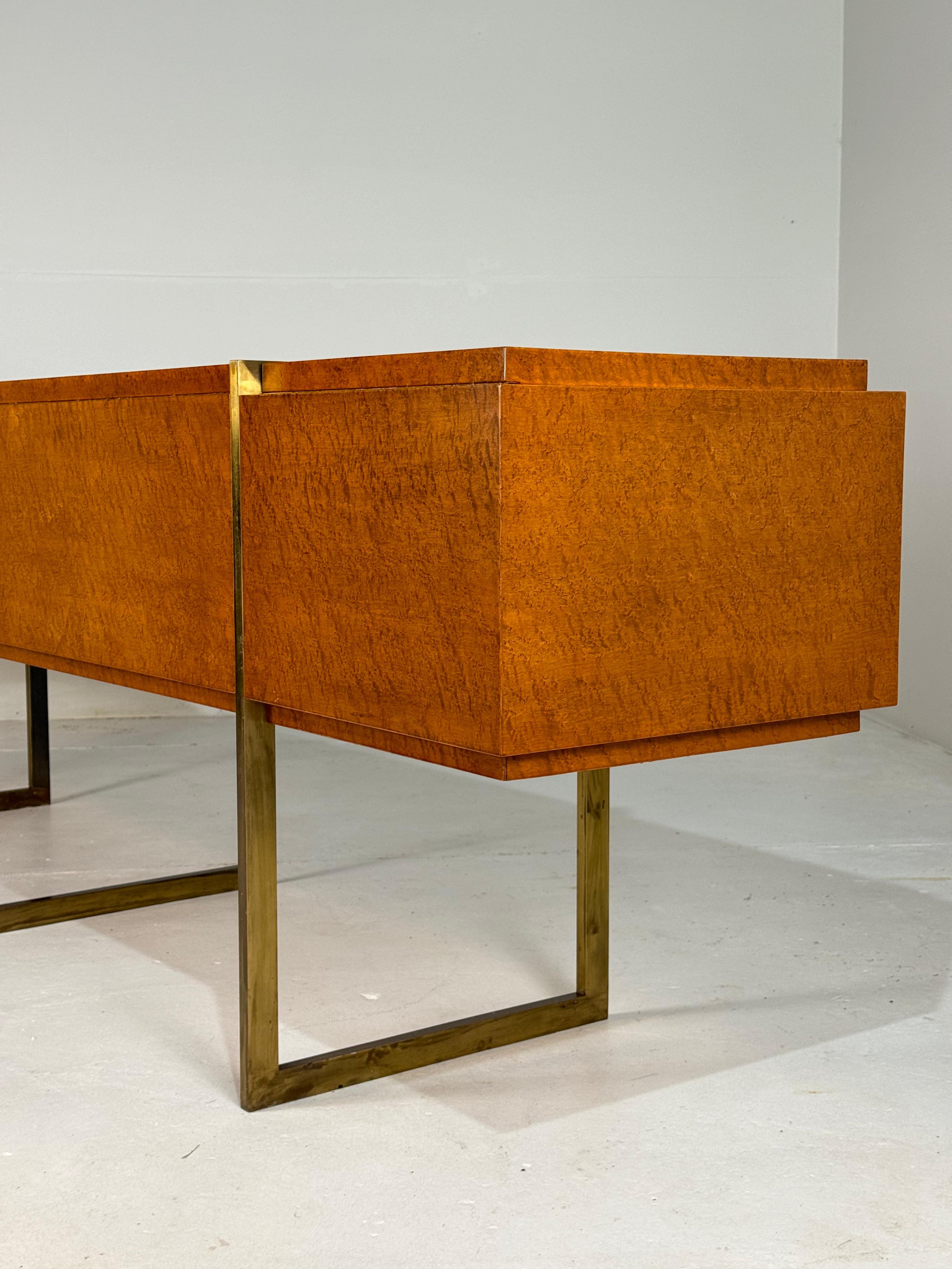Monumental Mid-Century Burlwood and Brass Sideboard For Sale 8
