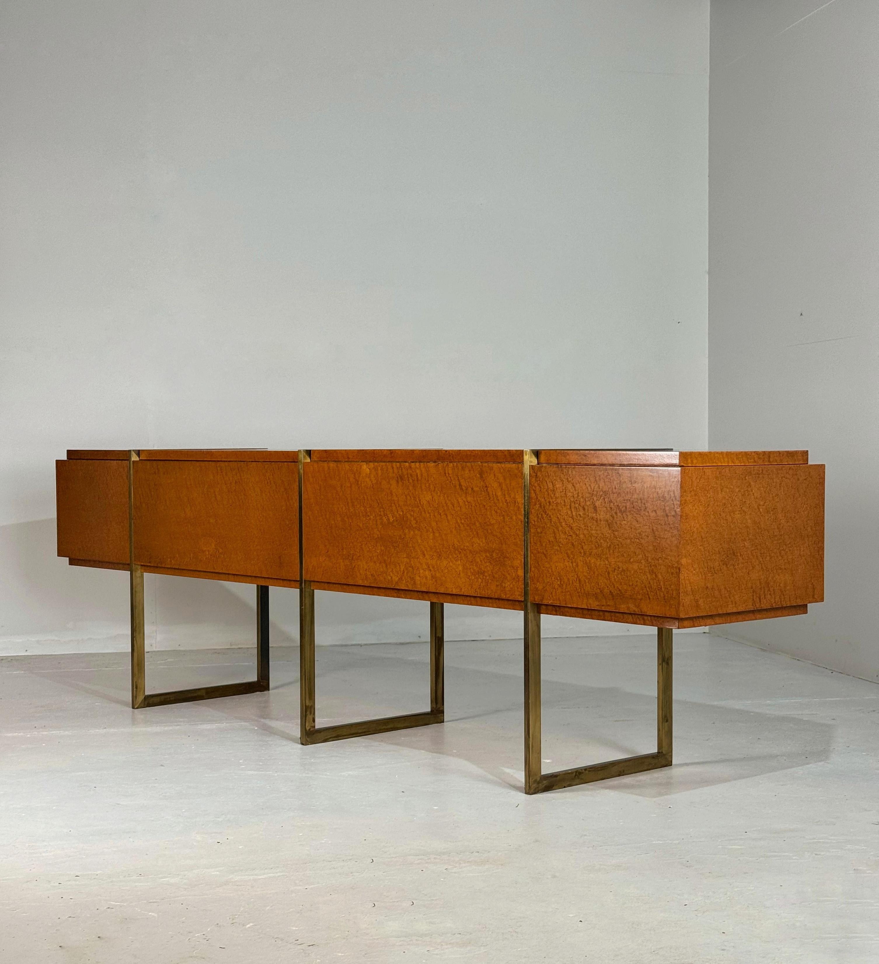 Monumental Mid-Century Burlwood and Brass Sideboard For Sale 11