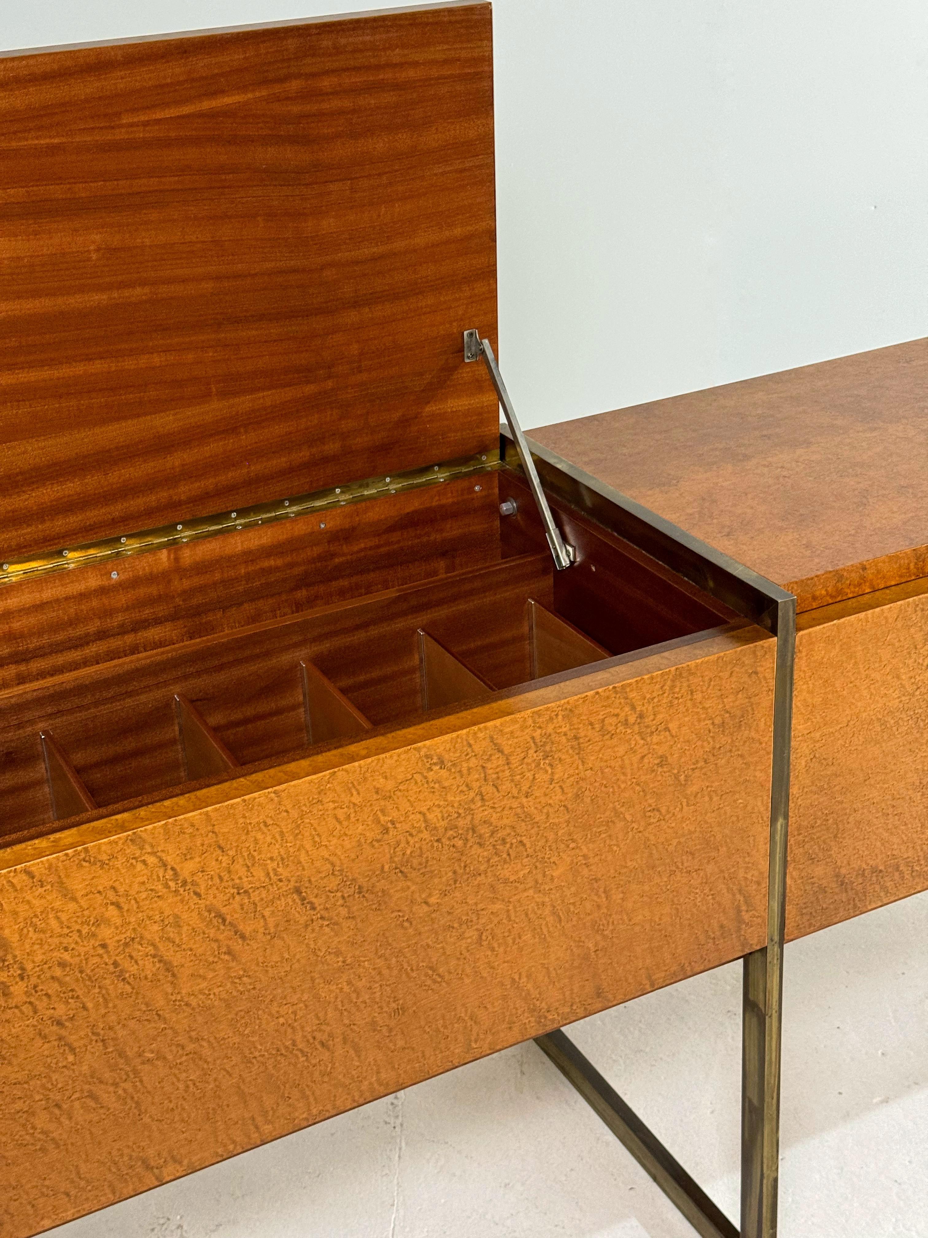 European Monumental Mid-Century Burlwood and Brass Sideboard For Sale