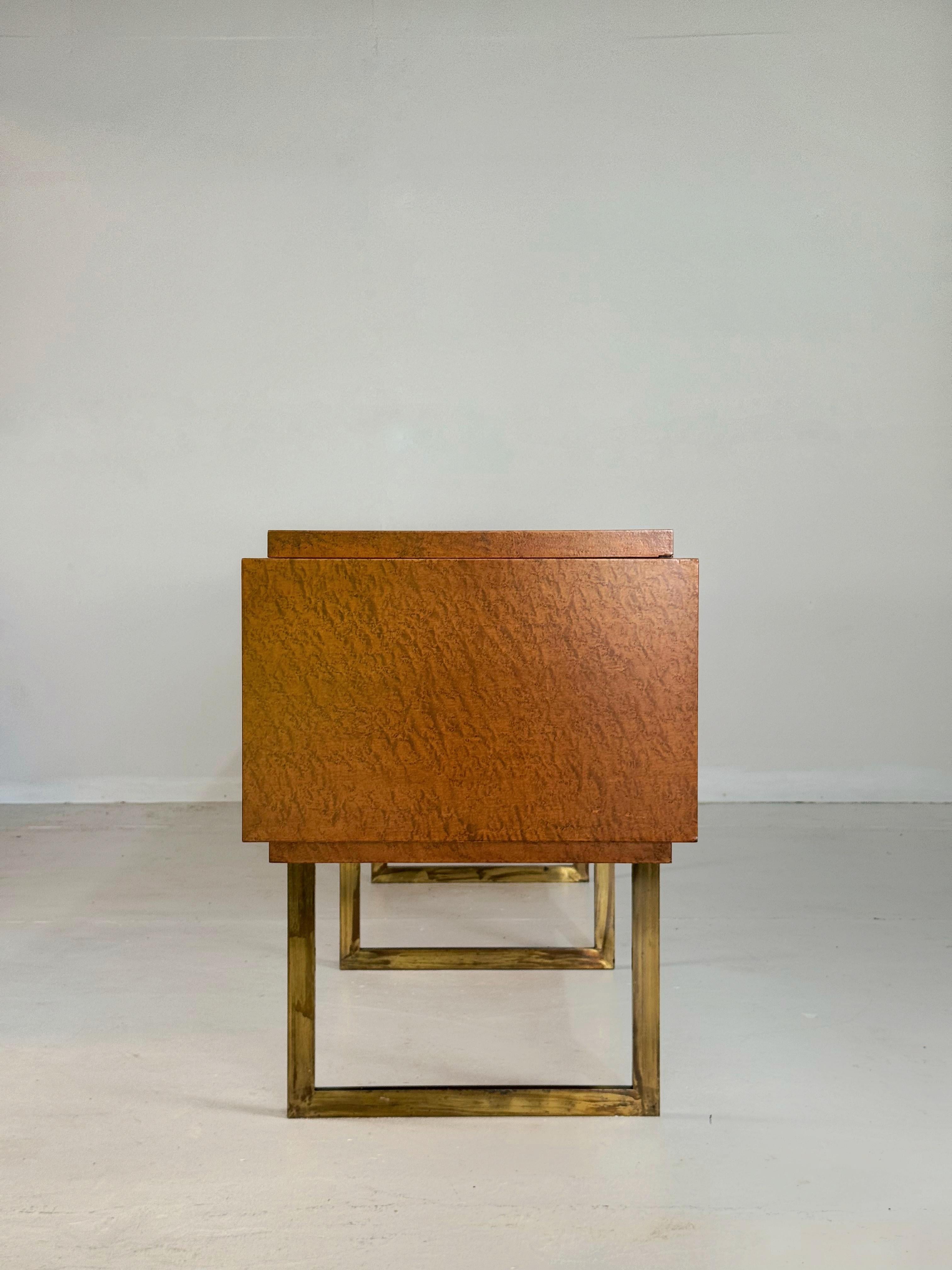 Late 20th Century Monumental Mid-Century Burlwood and Brass Sideboard For Sale