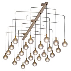 Monumental Mid Century Chandelier in Glass, Metal and Patinated Brass 1960