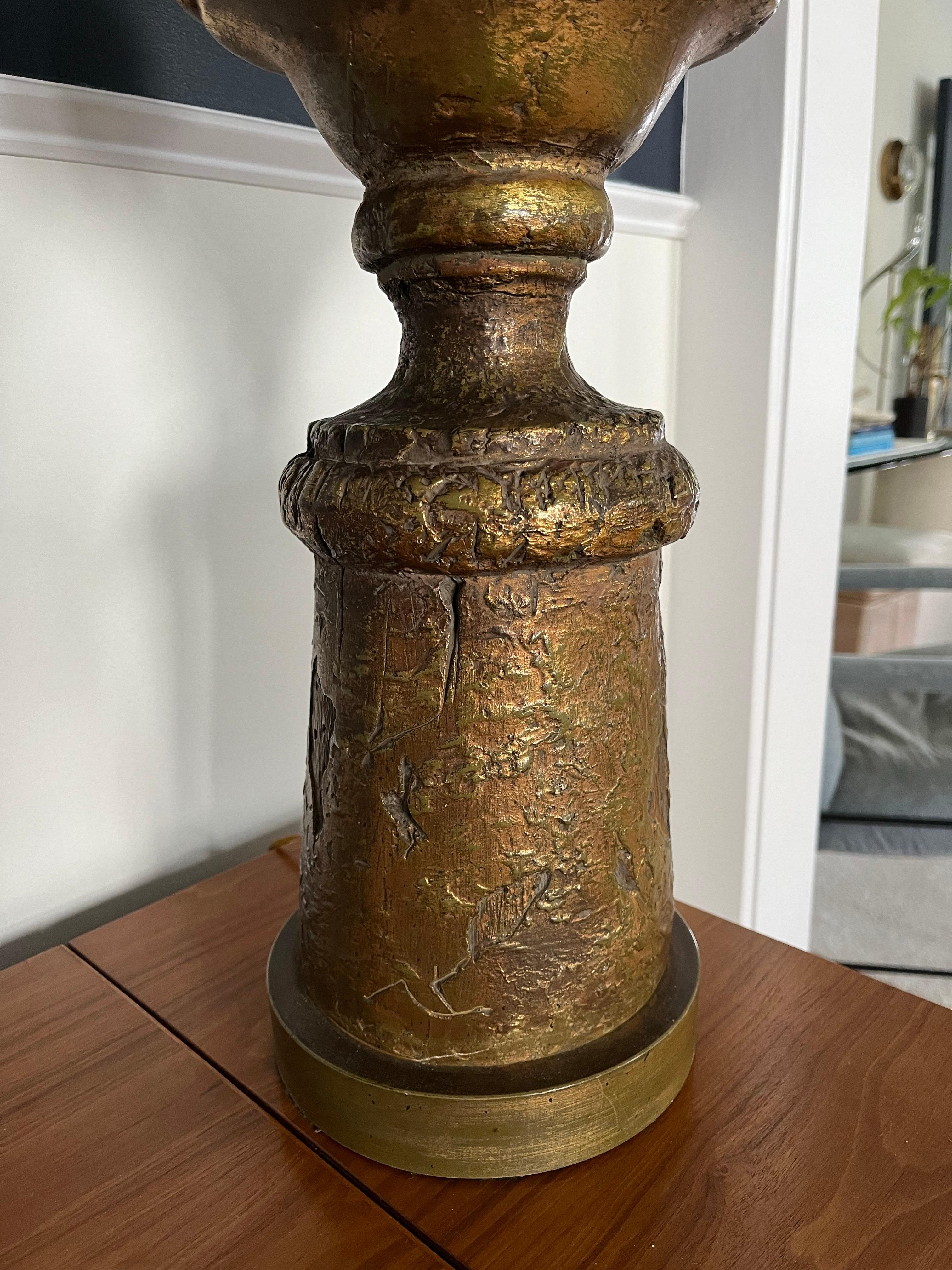 Monumental Chapman table lamp. Fantastic detail with weathered accents. Gilt finish to highlight intricate lines. Dorothy Draper design is perfect for dressing up or dressing down in placement. Regardless, it packs a punch.
Curbside to NYC/Philly