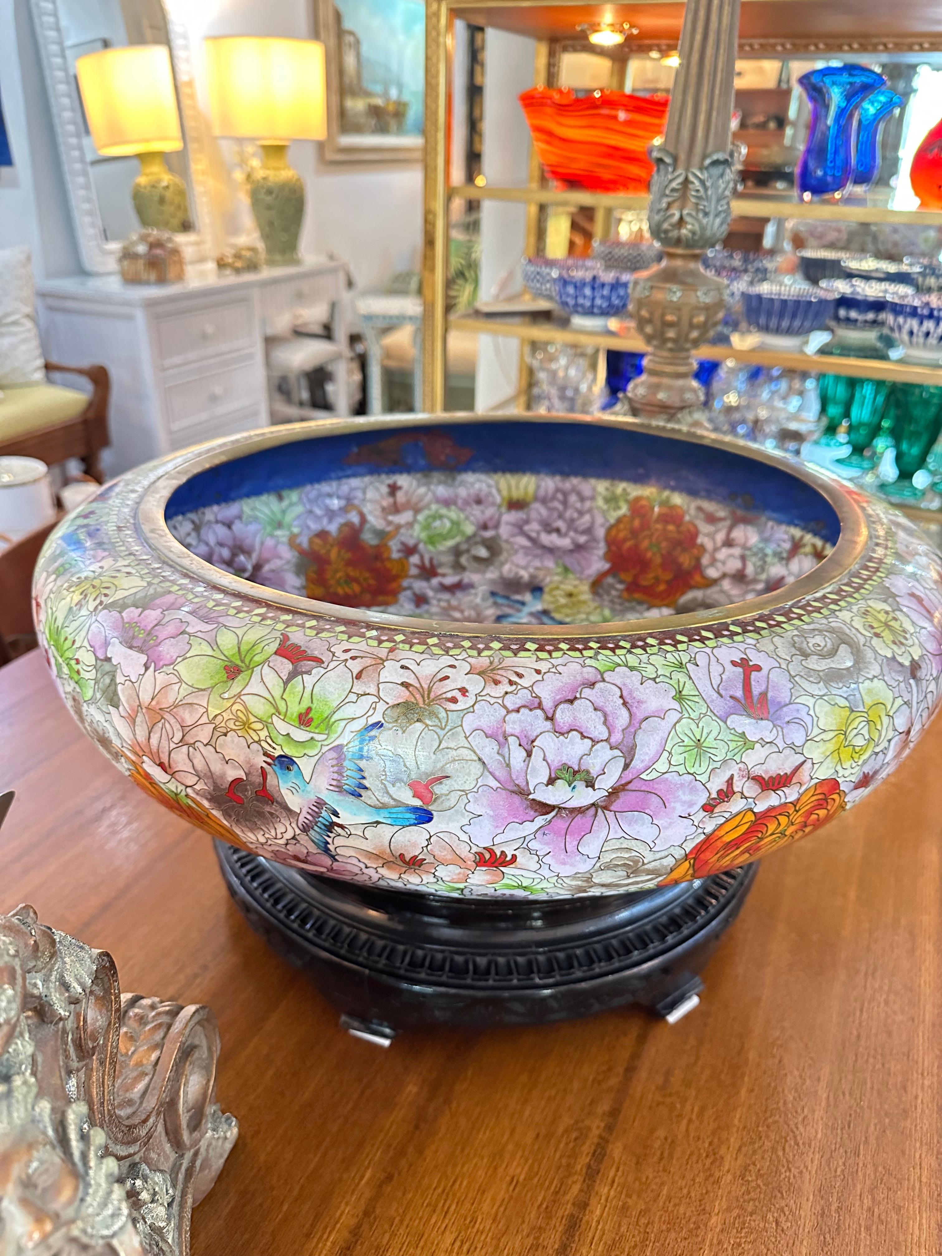 Monumental Mid Century Cloisonne Floral Lavender Bowl For Sale 4