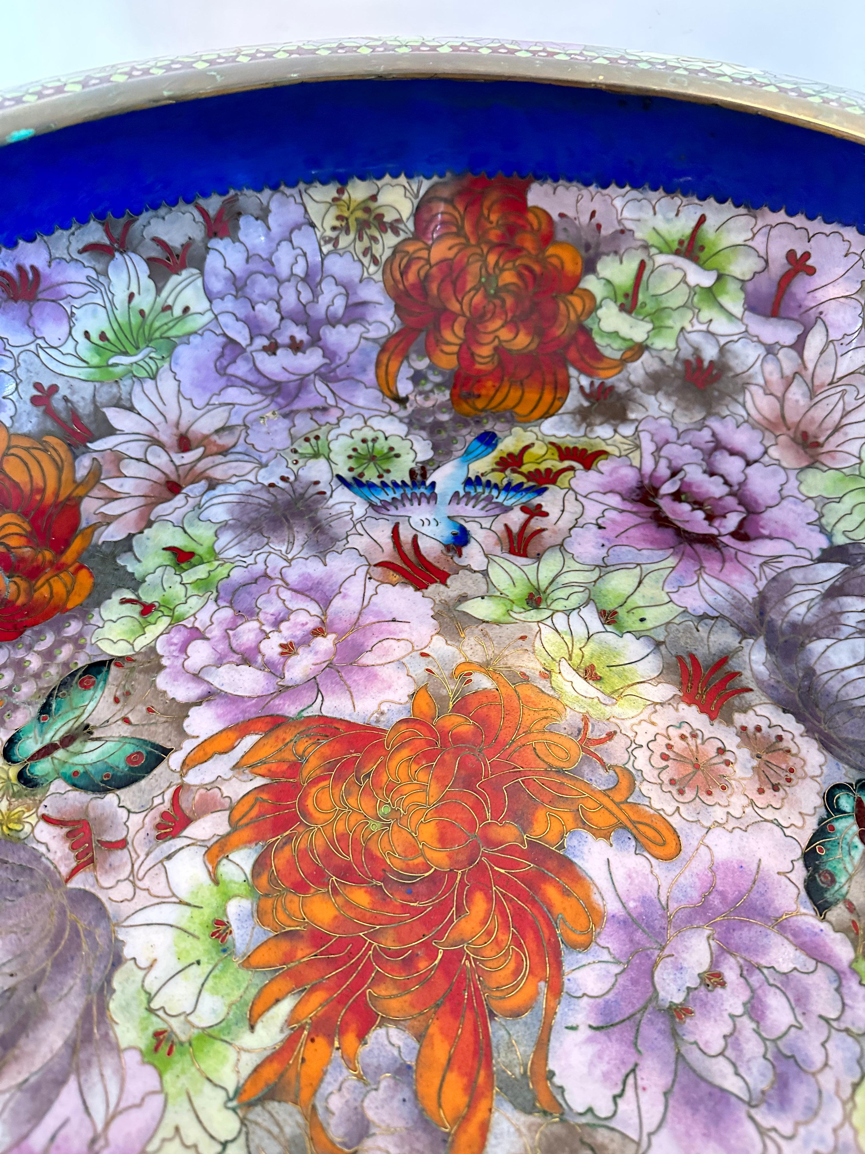 Chinoiserie Monumental Mid Century Cloisonne Floral Lavender Bowl For Sale