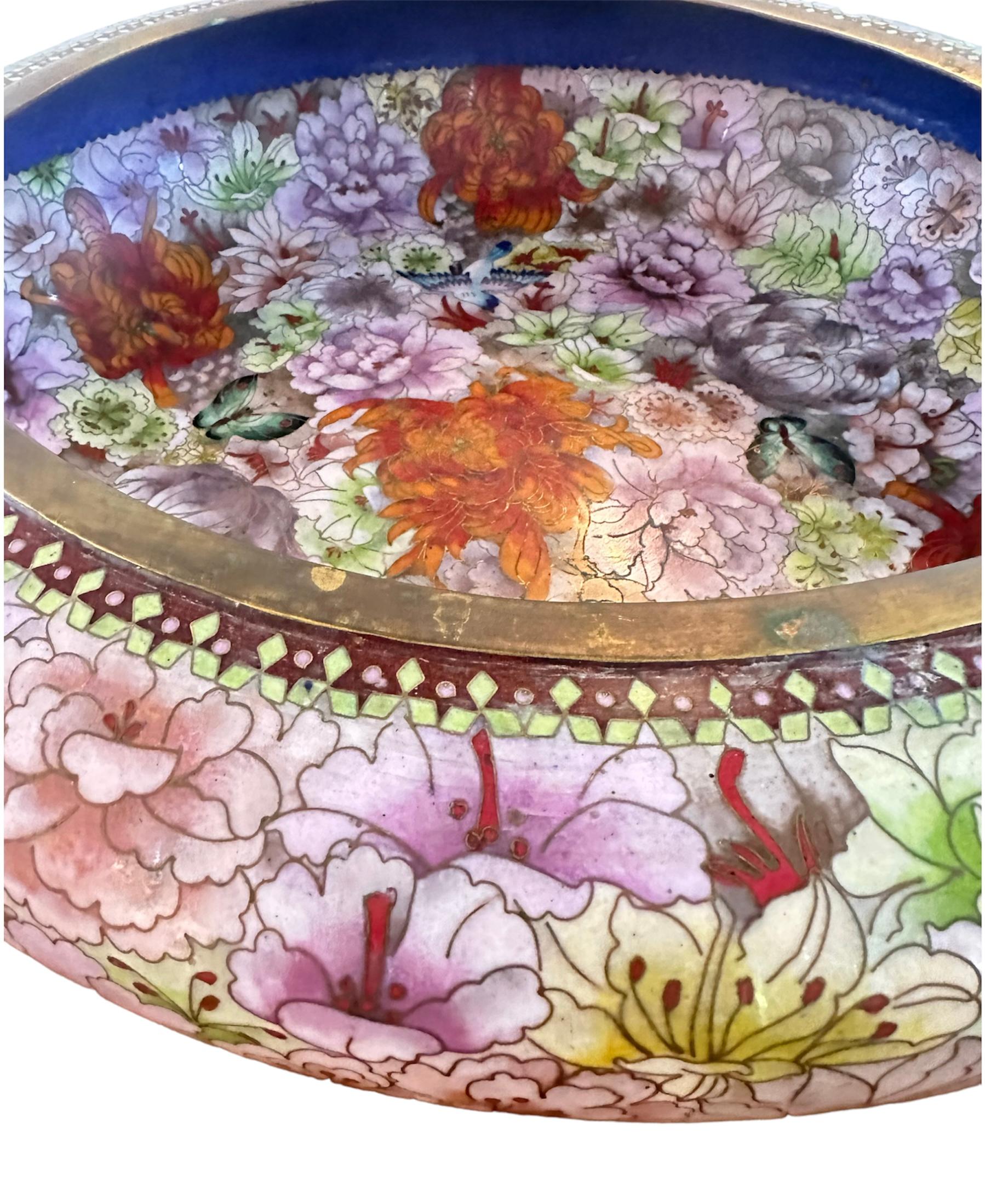Chinese Monumental Mid Century Cloisonne Floral Lavender Bowl For Sale