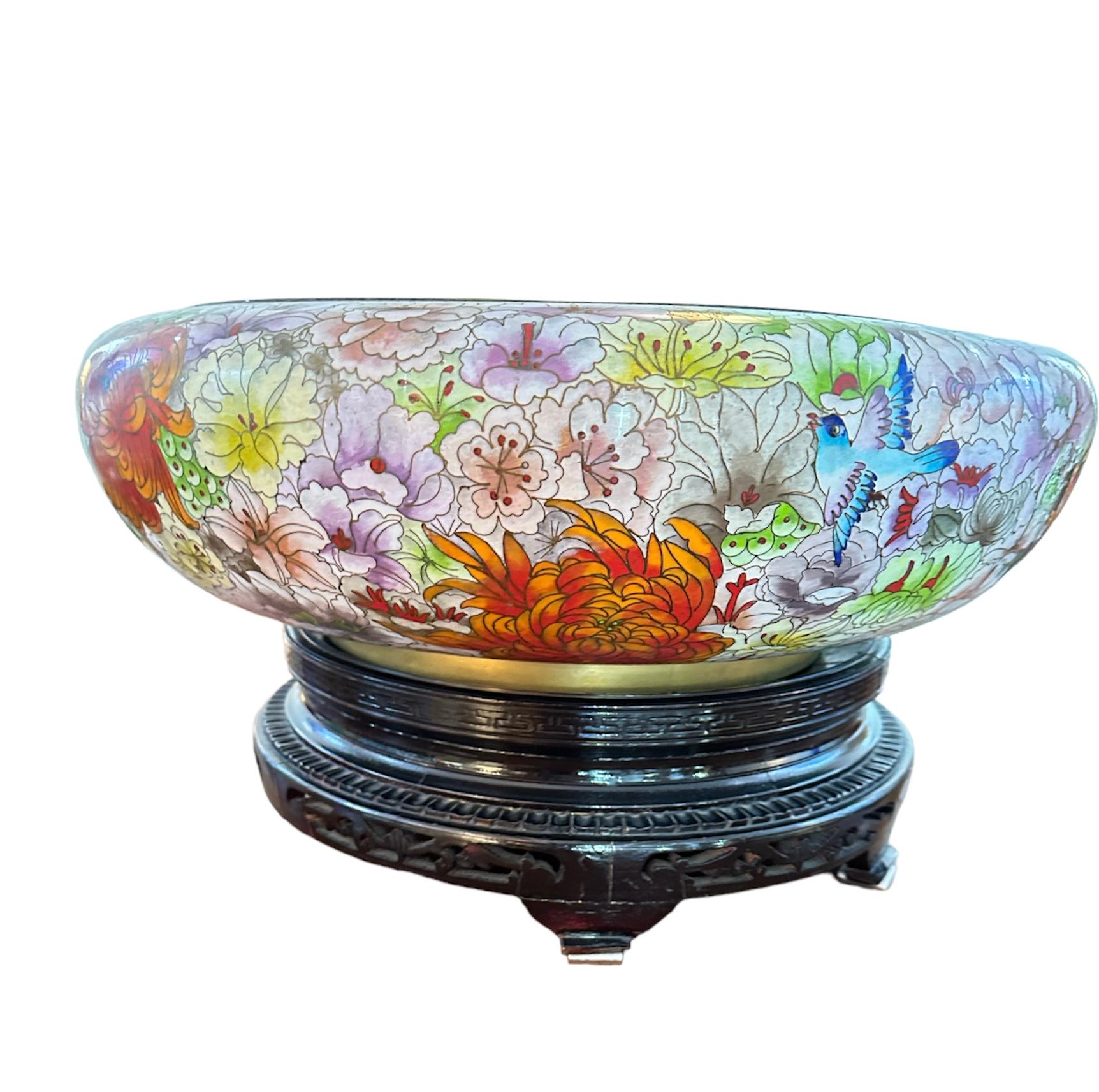 Hand-Painted Monumental Mid Century Cloisonne Floral Lavender Bowl For Sale