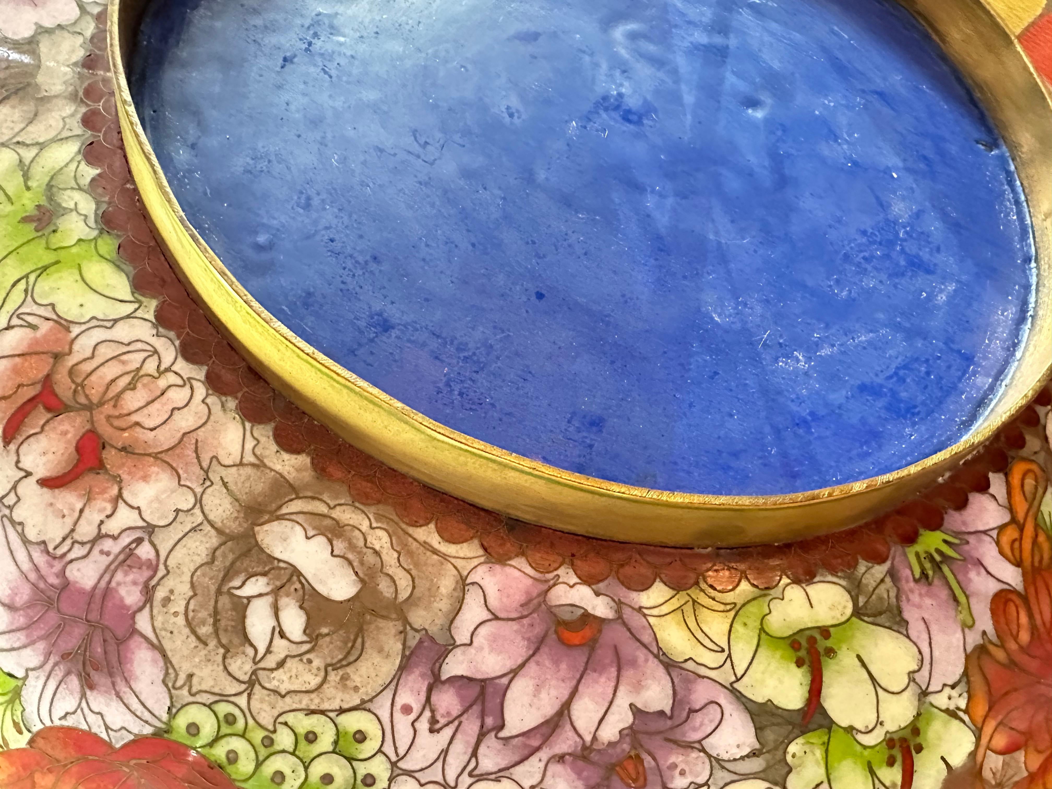 20th Century Monumental Mid Century Cloisonne Floral Lavender Bowl For Sale