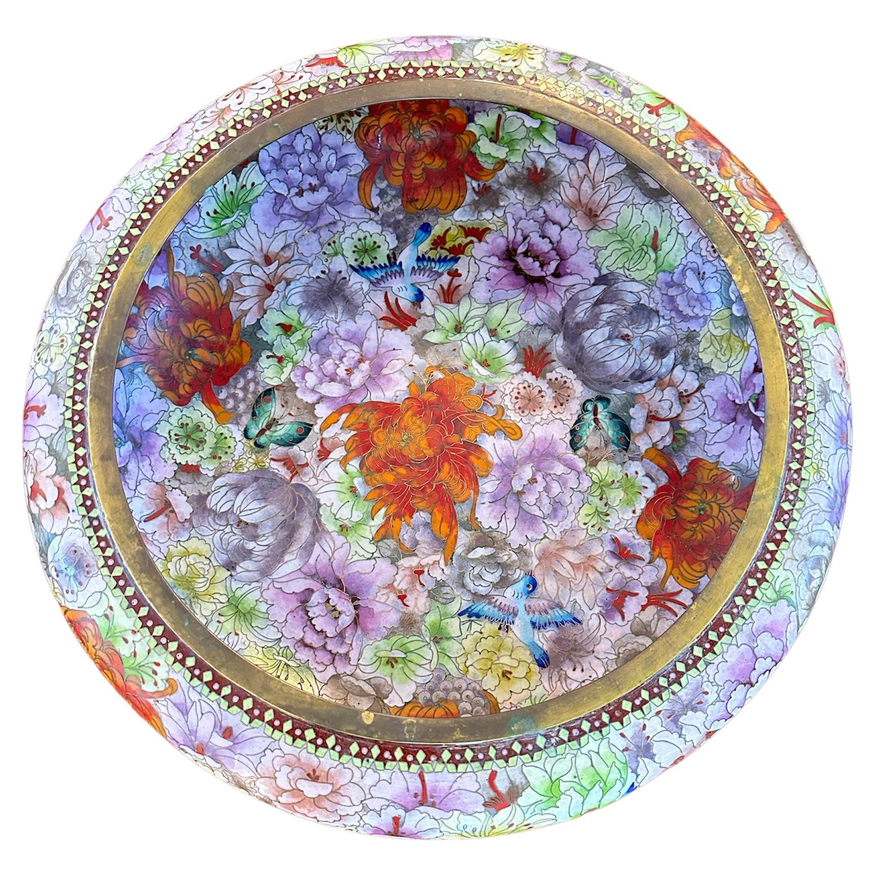 Monumental Mid Century Cloisonne Floral Lavender Bowl